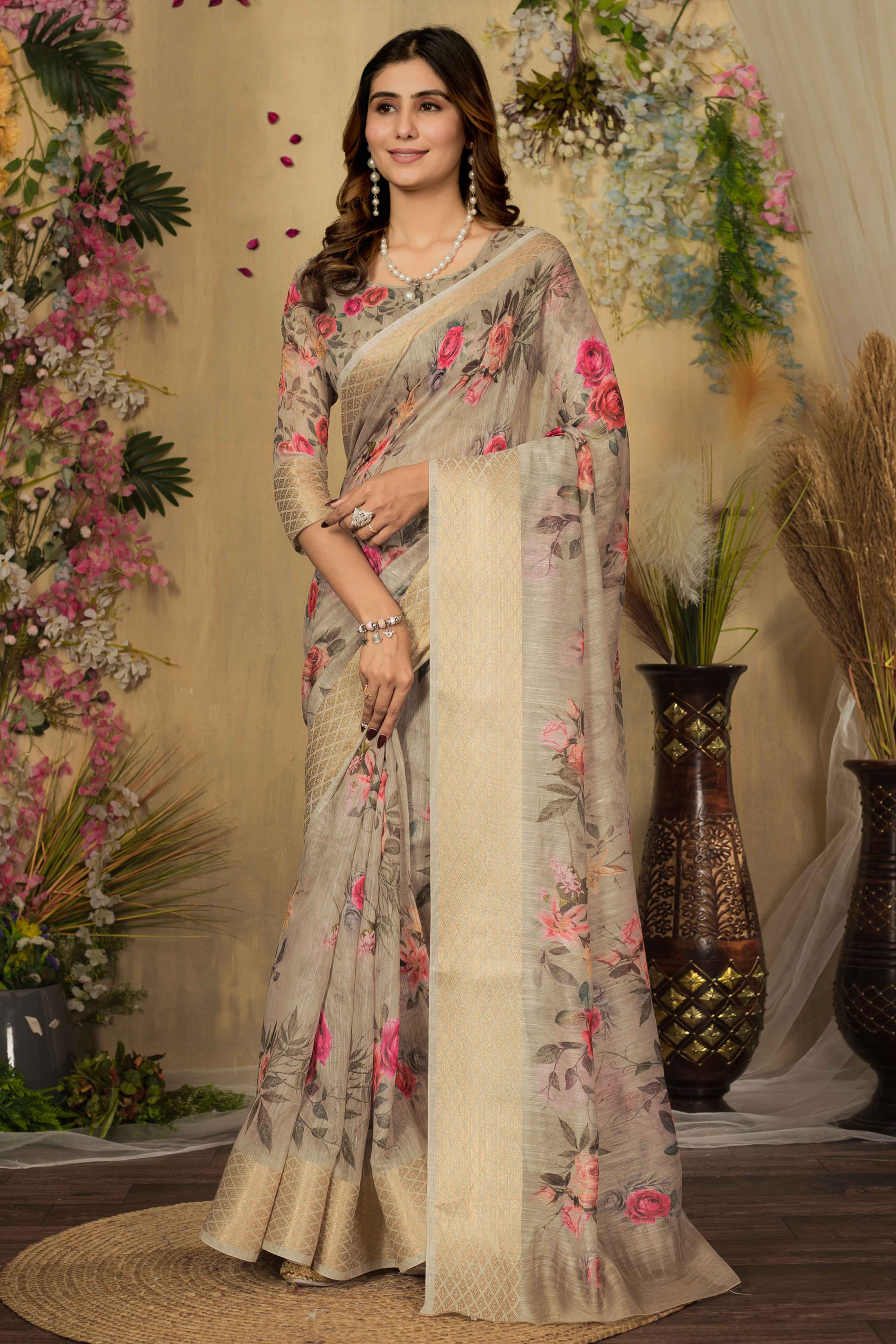 Cream Silk Blend Saree With Digital Floral Print & Elegant Zari Weaving Border