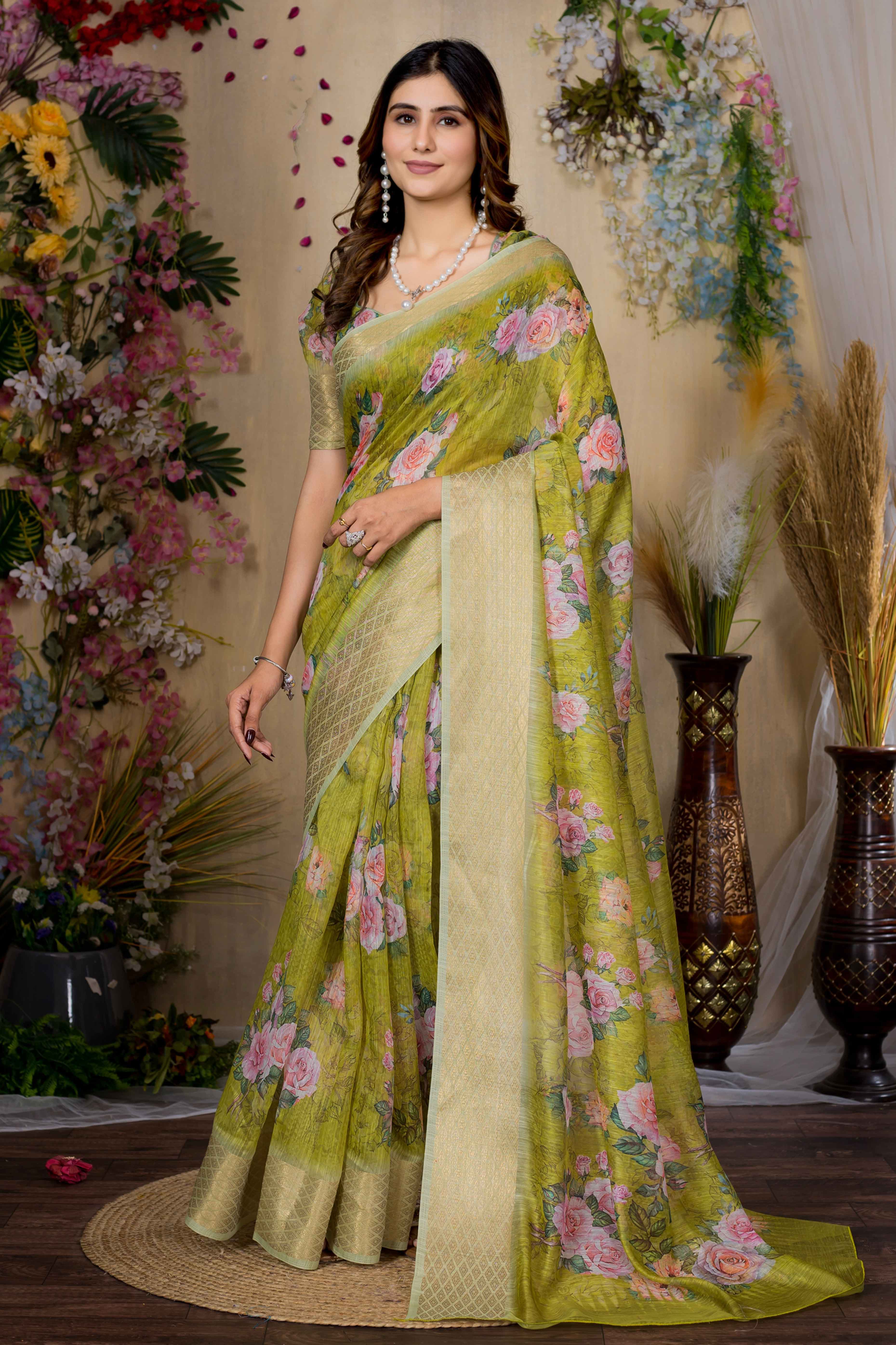 Lemon Green Silk Blend Saree With Digital Floral Print & Elegant Zari Weaving Border