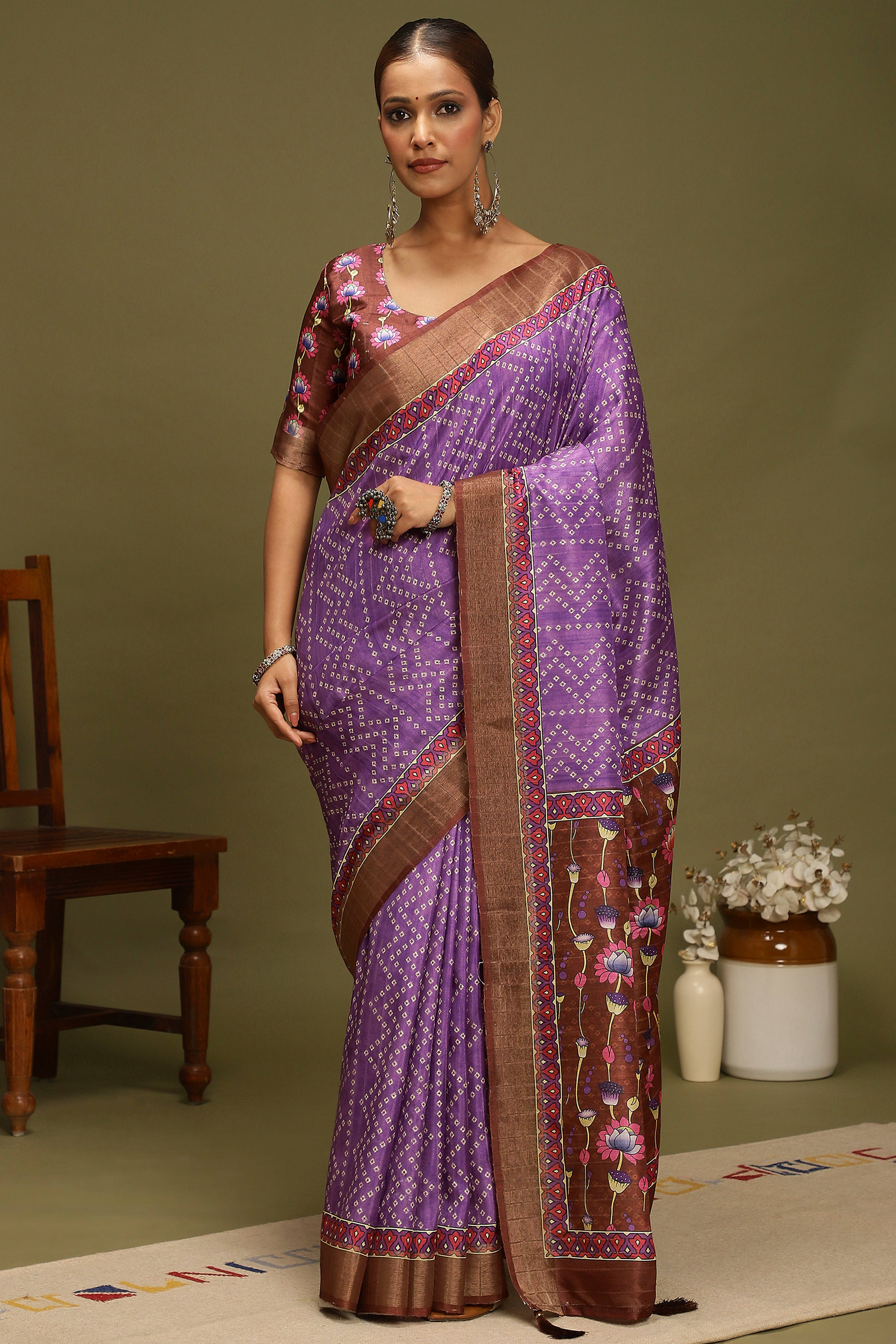 Purple Silk Blend Saree Decorated with Vibrant Bandhani Prints and Festive Detailing