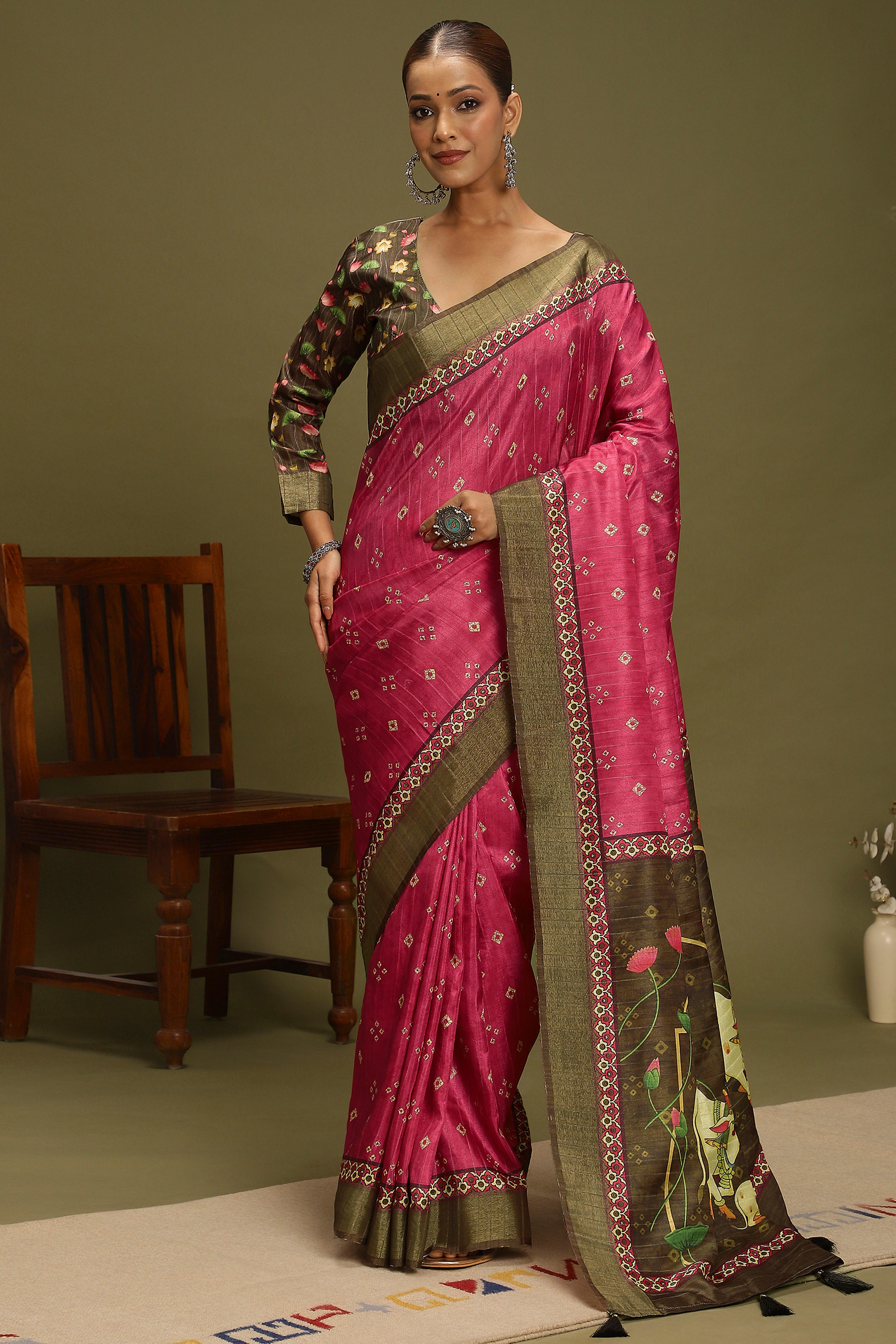Dark Pink Silk Blend Saree Decorated with Vibrant Bandhani Prints and Festive Detailing