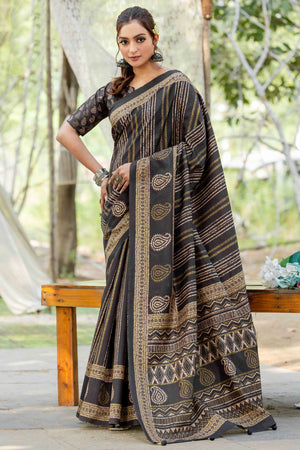 Authentic Handblock Printed Black Cotton Silk Saree