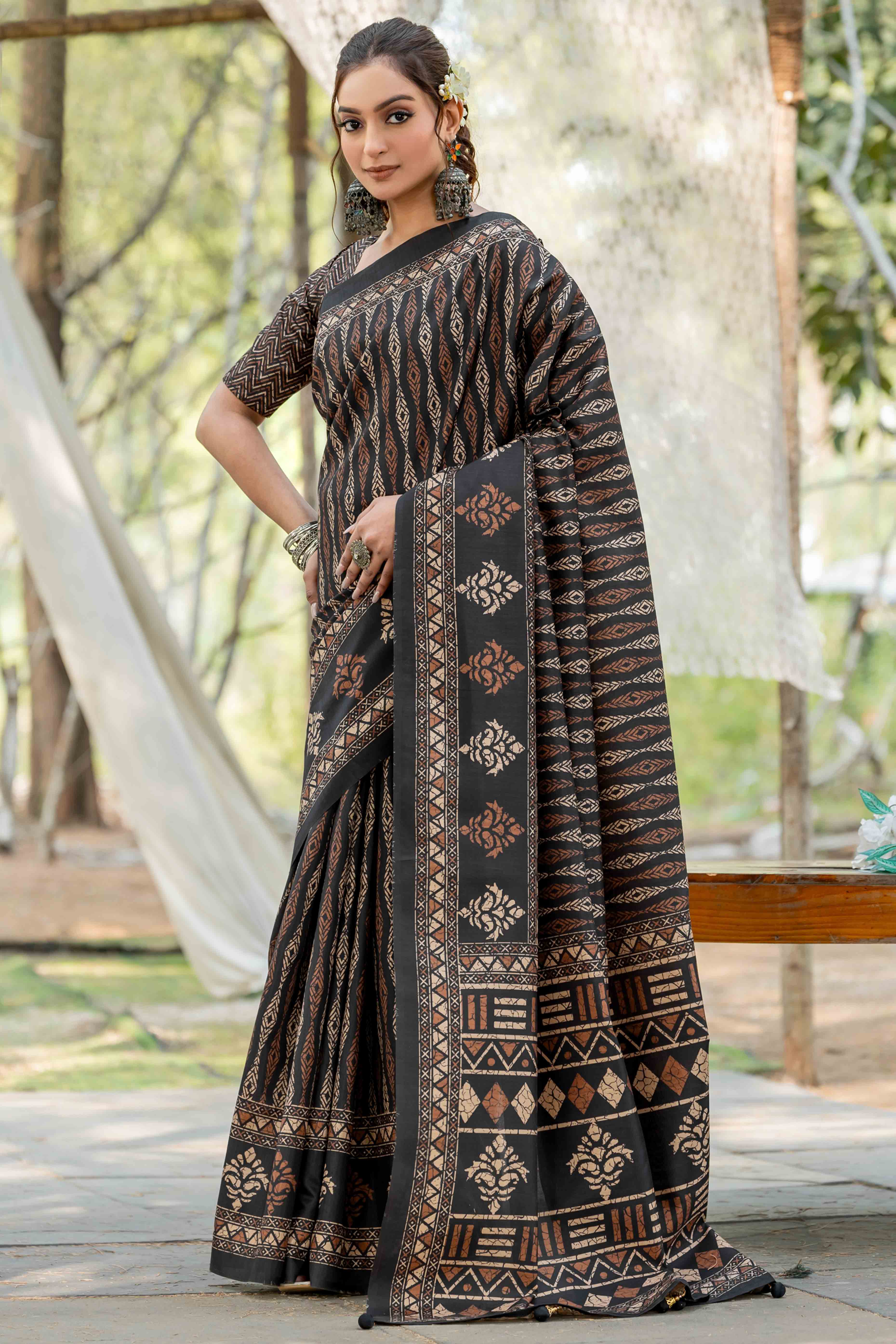Authentic Handblock Printed Black & Cream Cotton Silk Saree