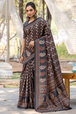 Authentic Handblock Printed Black & Cream Cotton Silk Saree