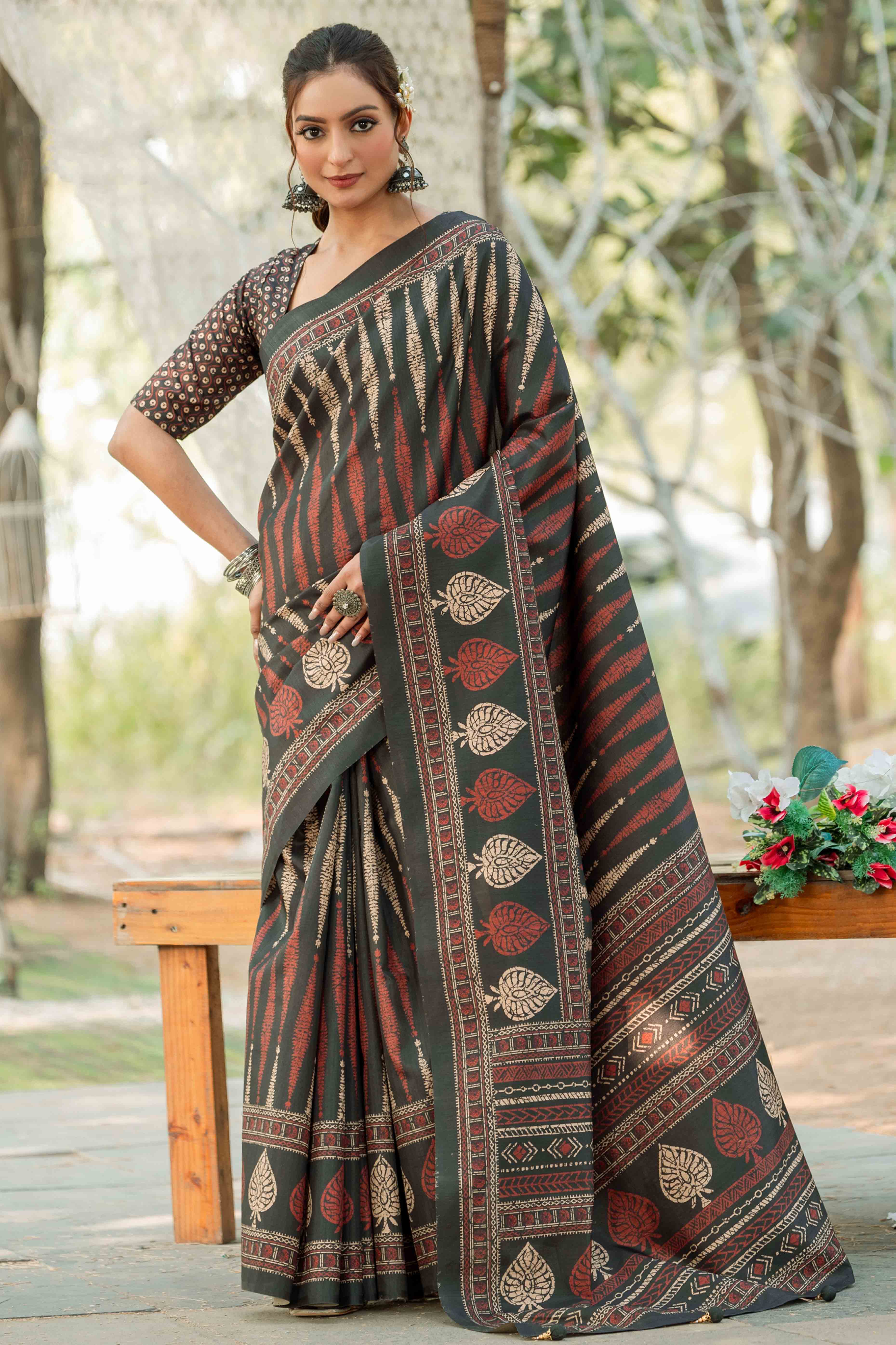 Authentic Handblock Printed Black Cotton Silk Saree