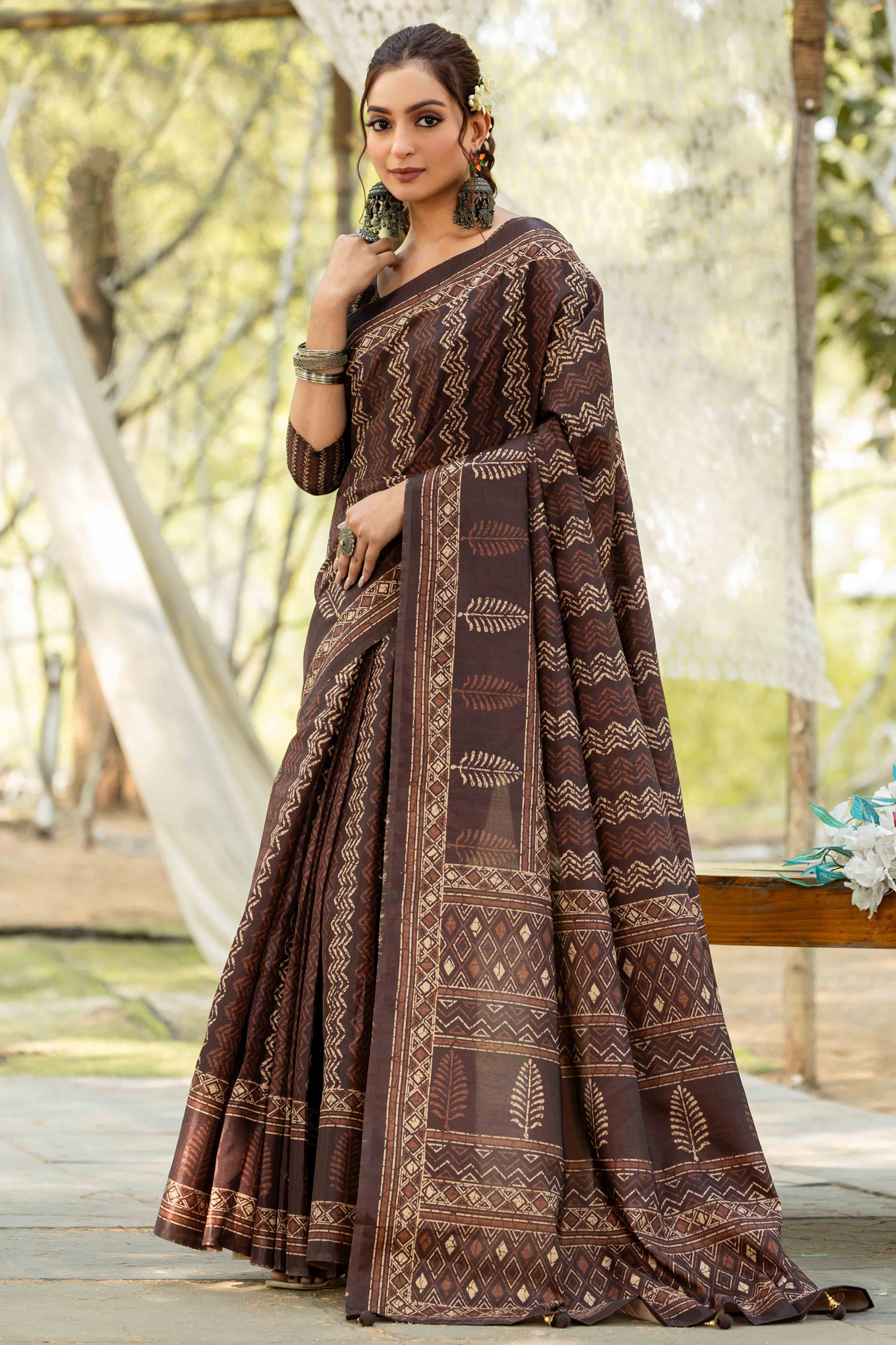 Authentic Handblock Printed Brown Cotton Silk Saree