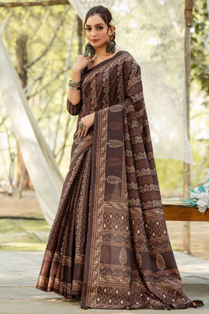 Authentic Handblock Printed Brown Cotton Silk Saree
