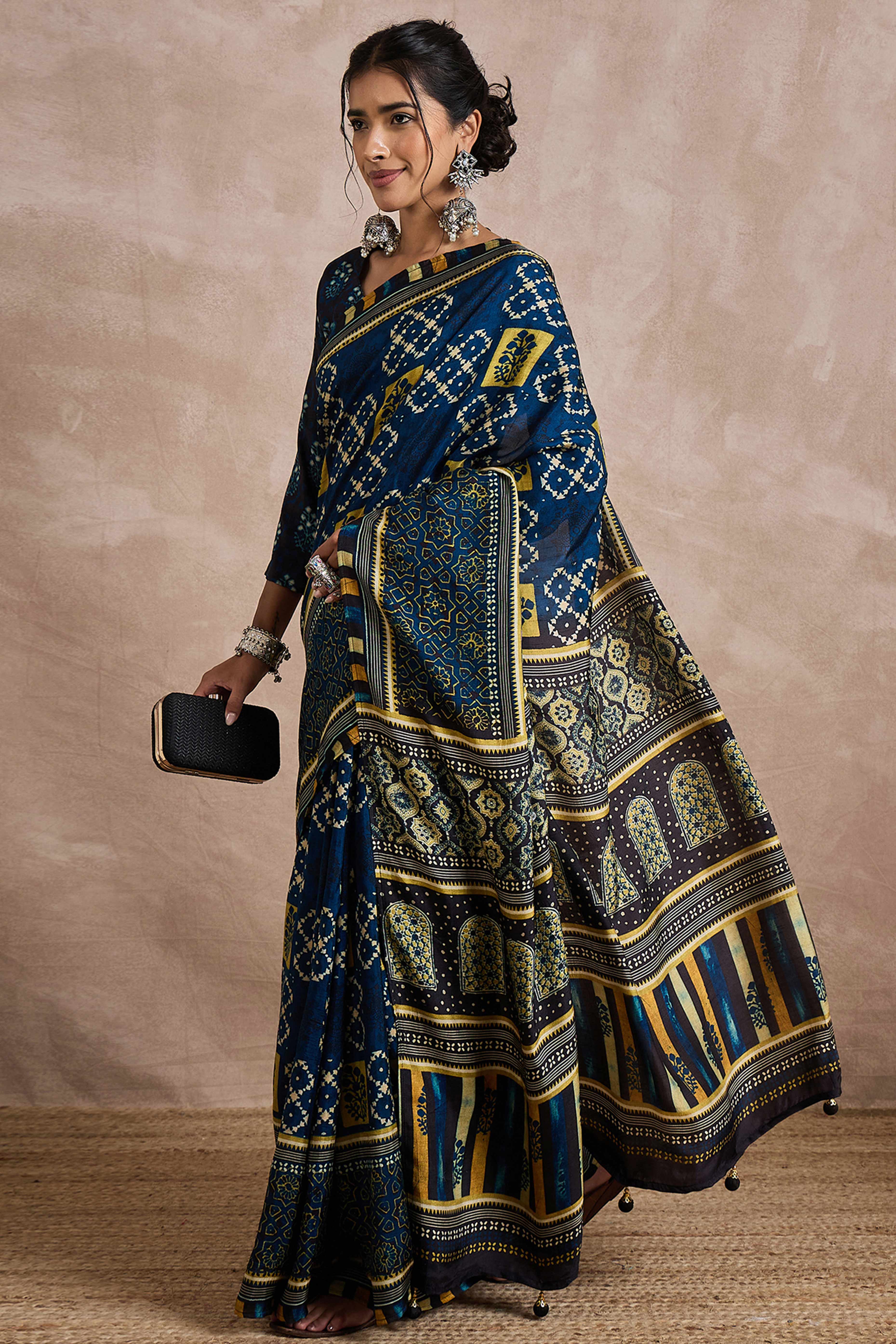 Blue Dola Silk Saree Featuring Heritage Ajrakh Prints for Celebratory Occasions