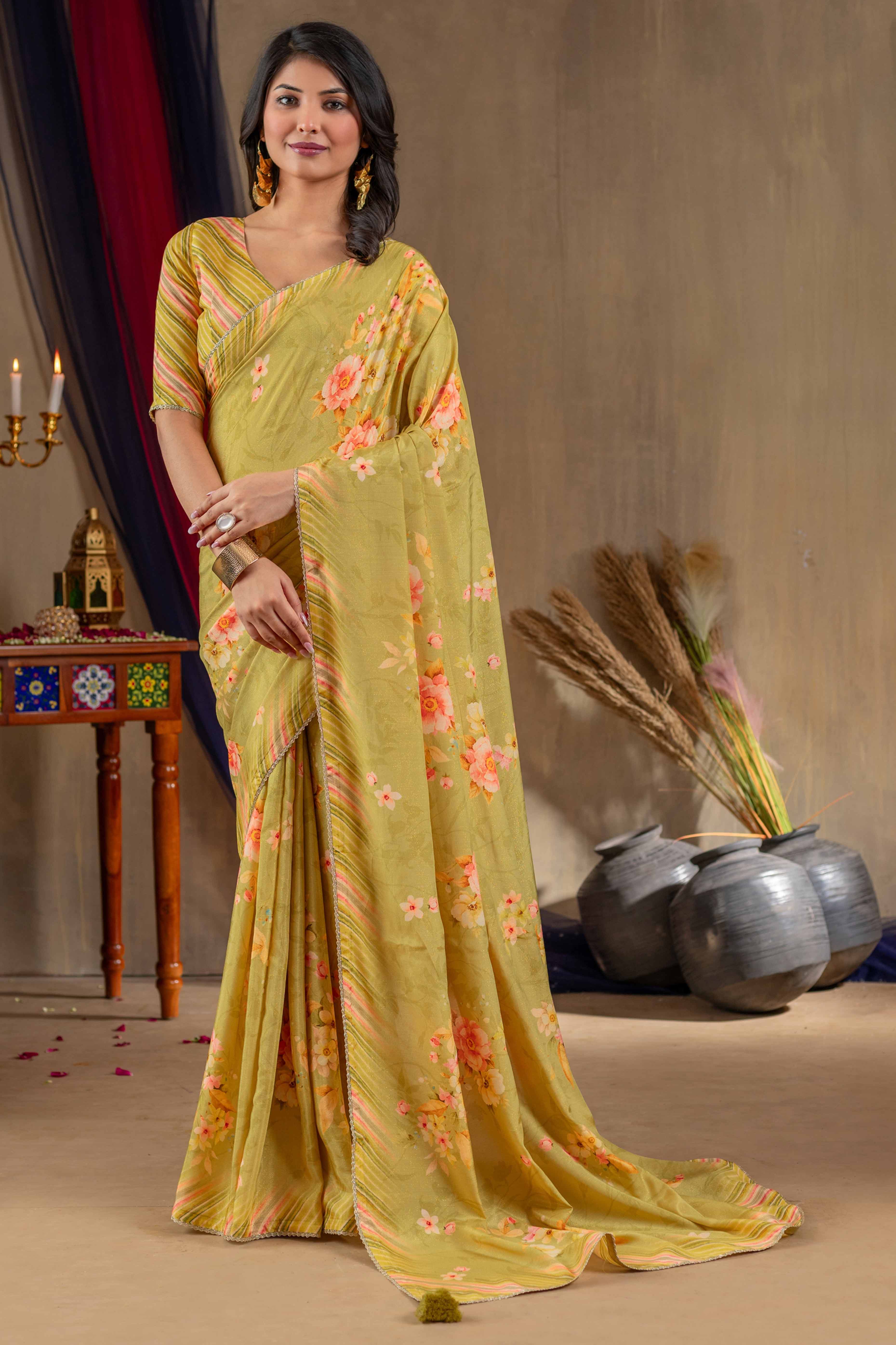 Mustard Printed Silk Blend Saree With Floral Detailing