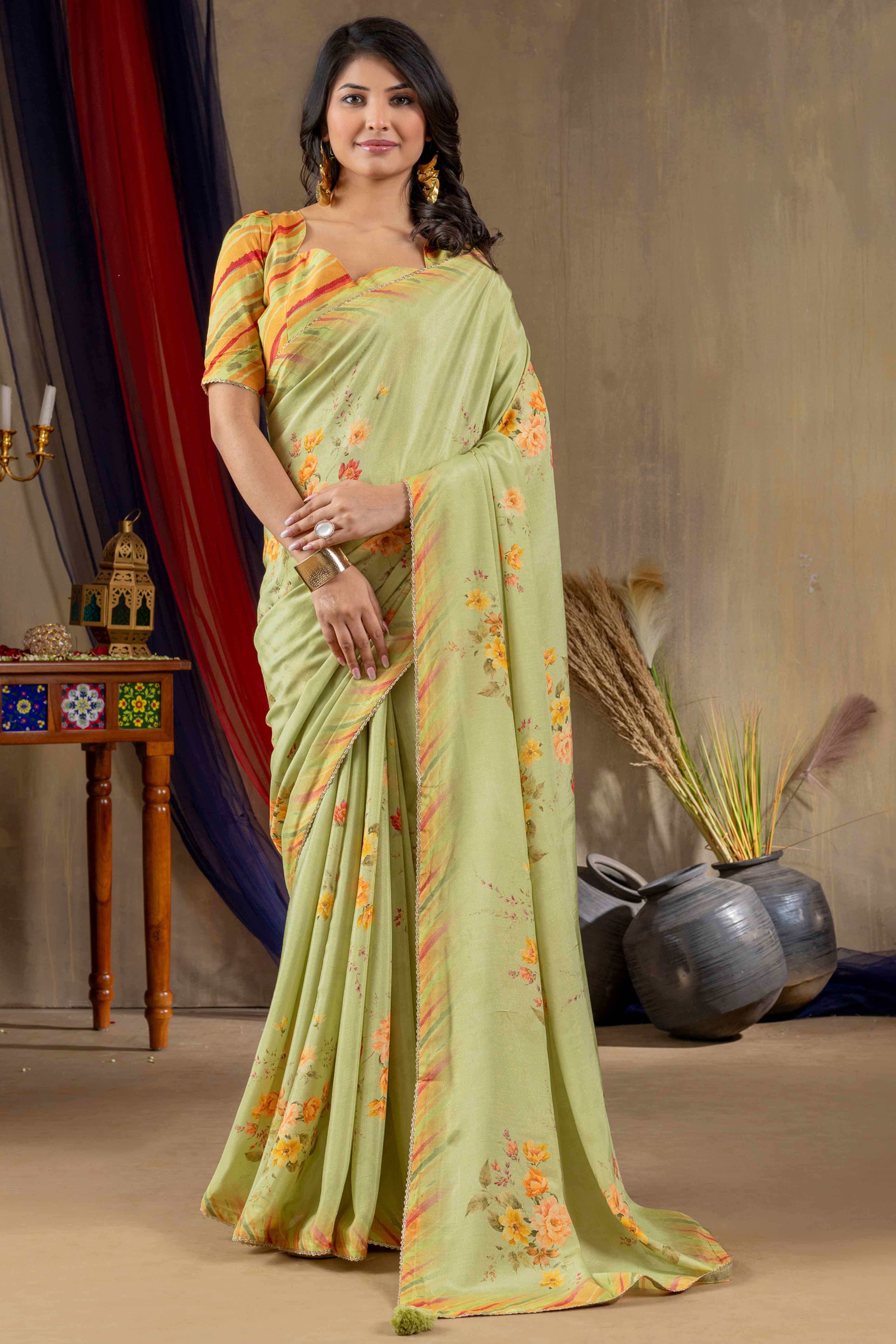 Olive Printed Silk Blend Saree With Floral Detailing
