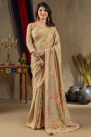 Beige Printed Silk Blend Saree With Floral Detailing