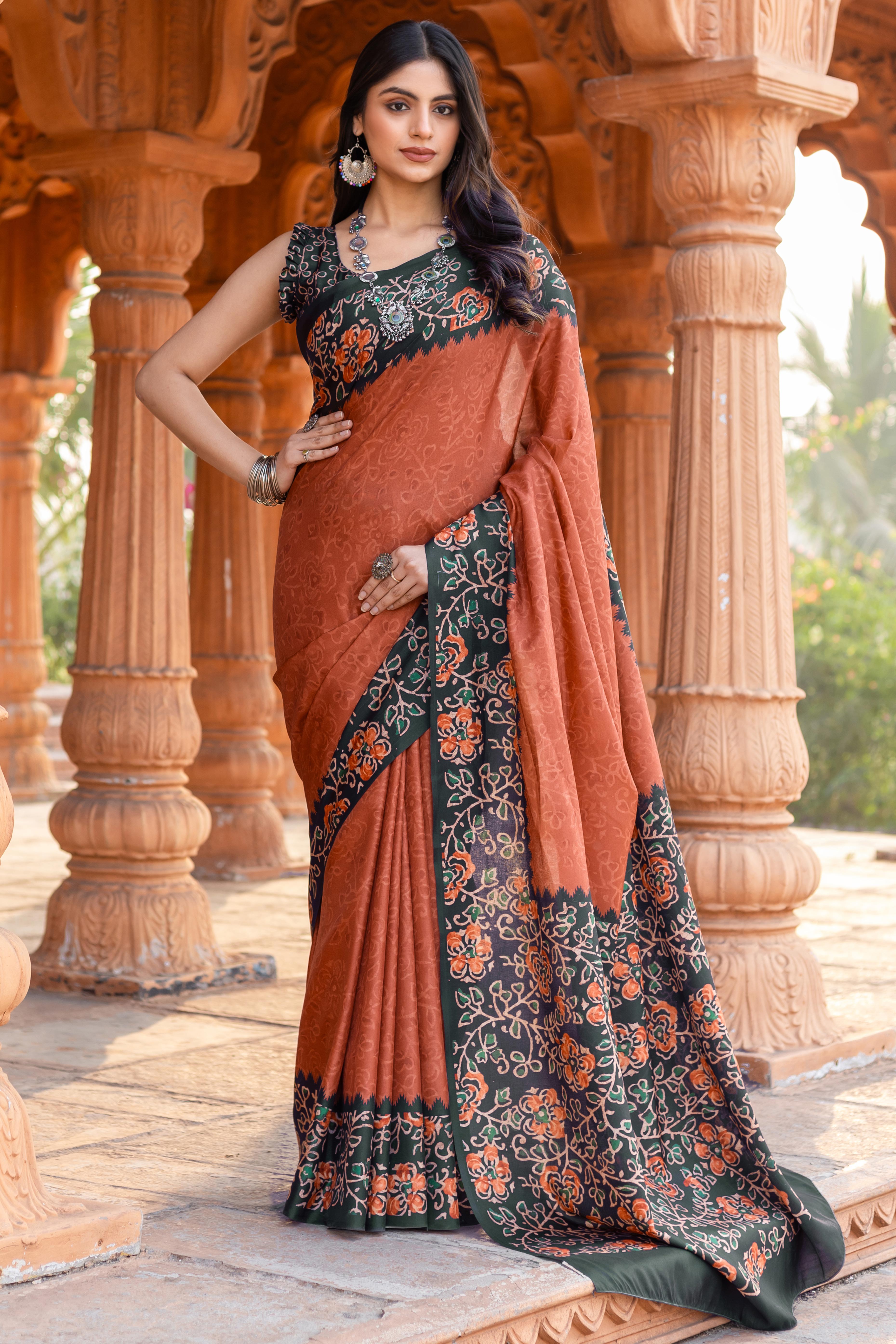 Graceful Rust Floral Printed Manipuri Cotton Silk Saree Showcasing Timeless Elegance