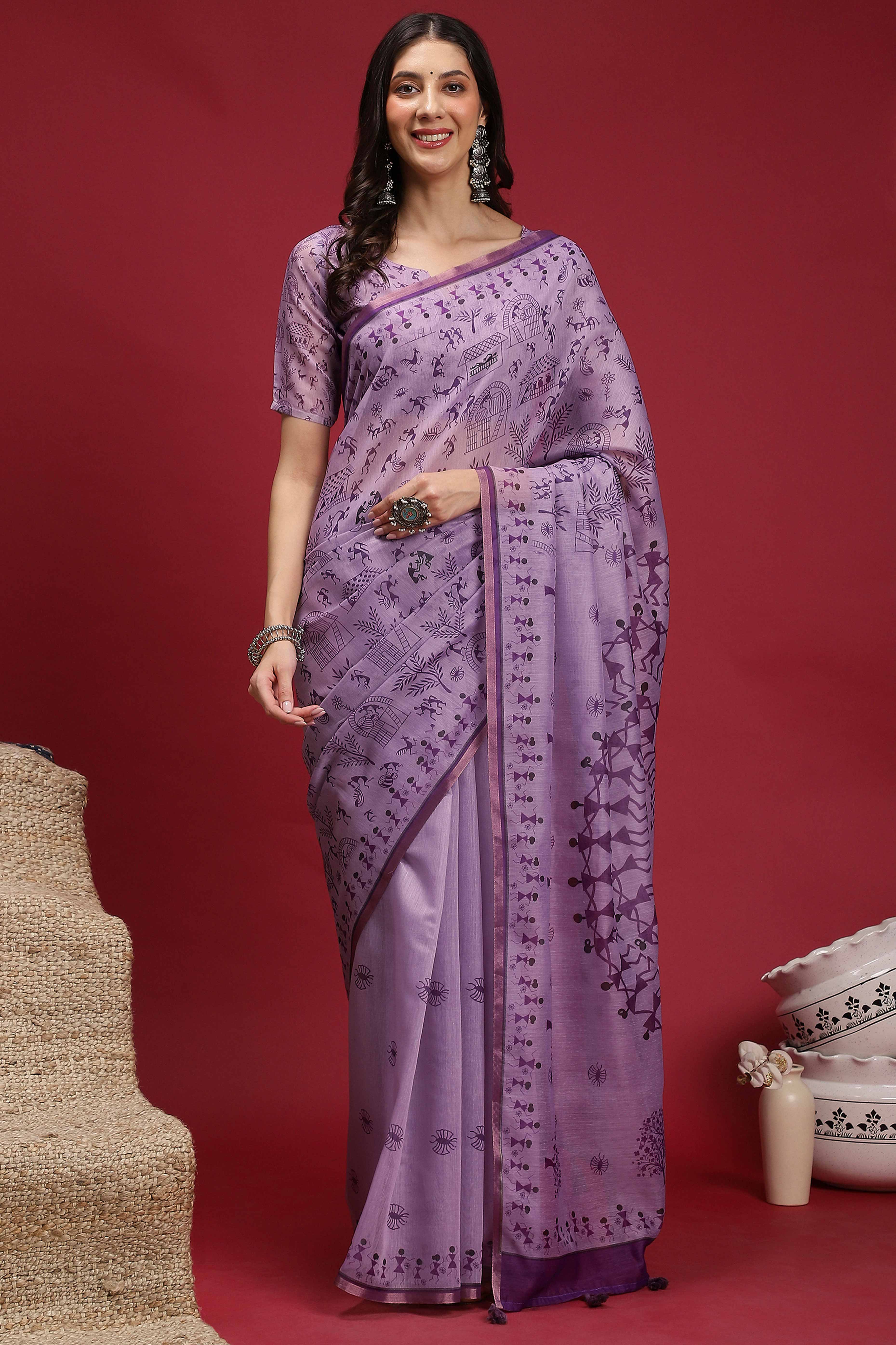Lavender Linen Cotton Saree Featuring Traditional Warli Prints & Tassel Pallu