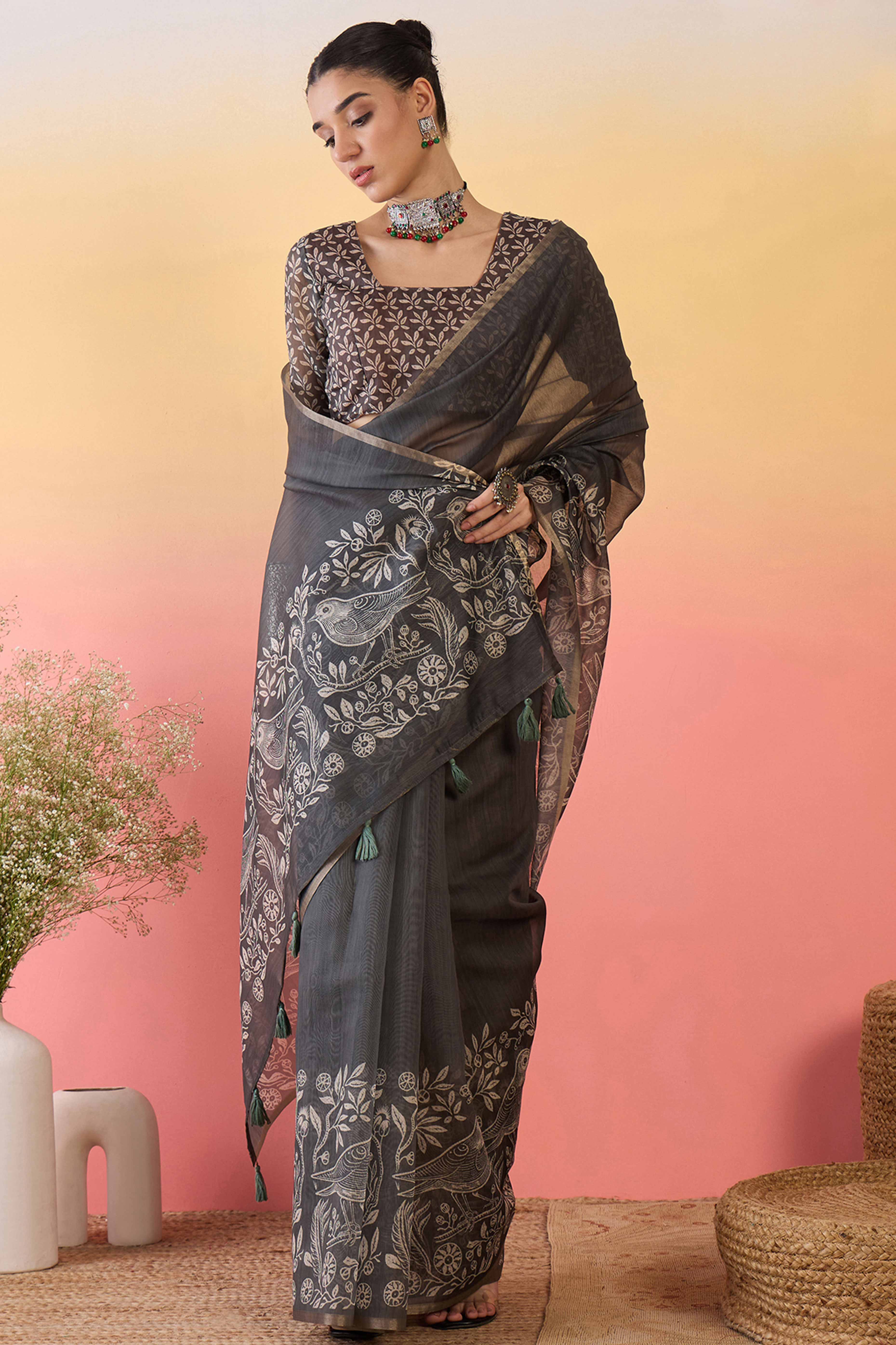 Dark Grey Linen Cotton Saree Featuring Elegant Floral & Bird Prints With Tassel Pallu