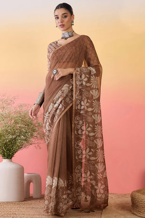 Brown Linen Cotton Saree Featuring Elegant Floral & Bird Prints With Tassel Pallu