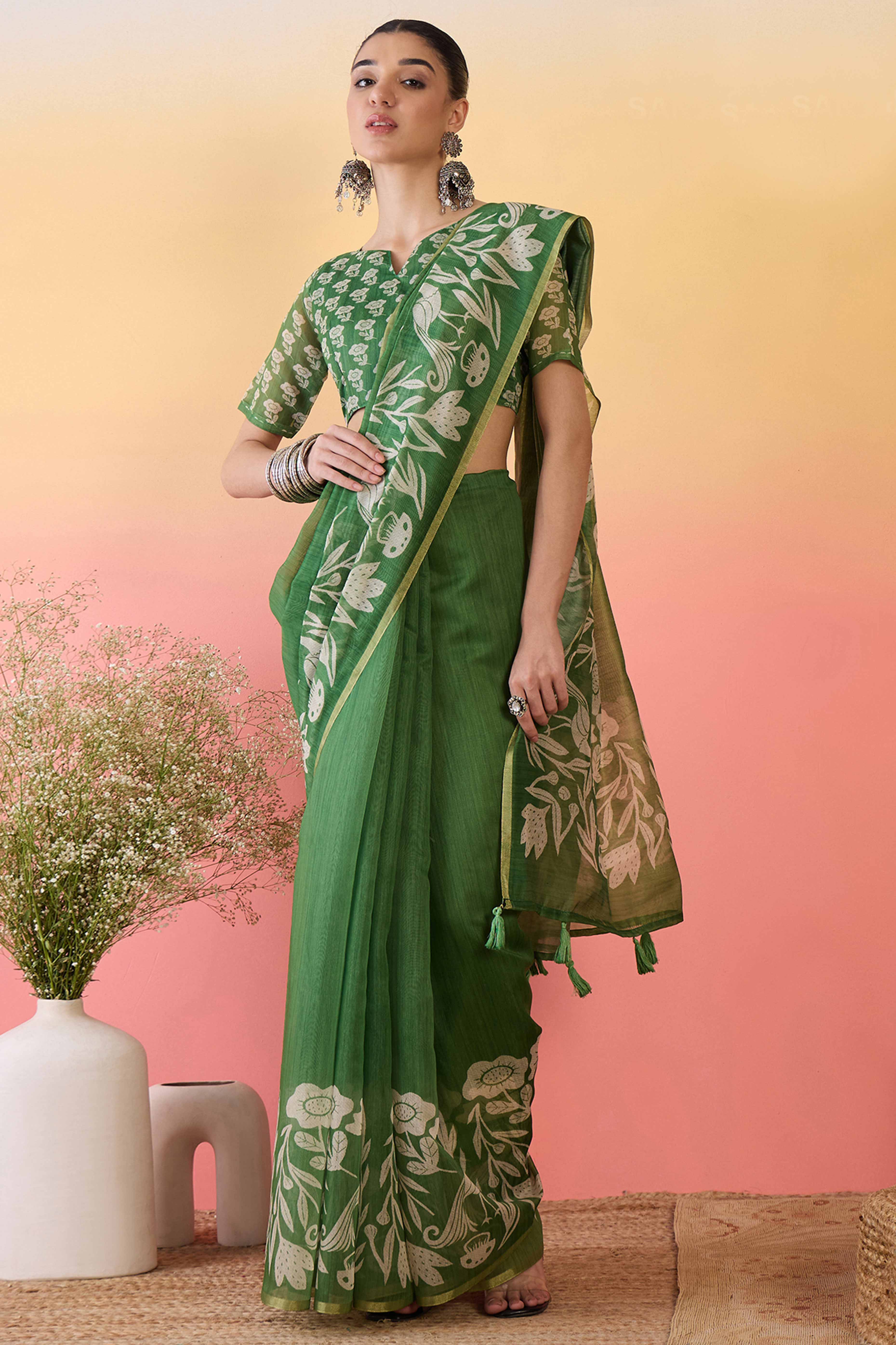 Green Linen Cotton Saree Featuring Elegant Floral & Bird Prints With Tassel Pallu
