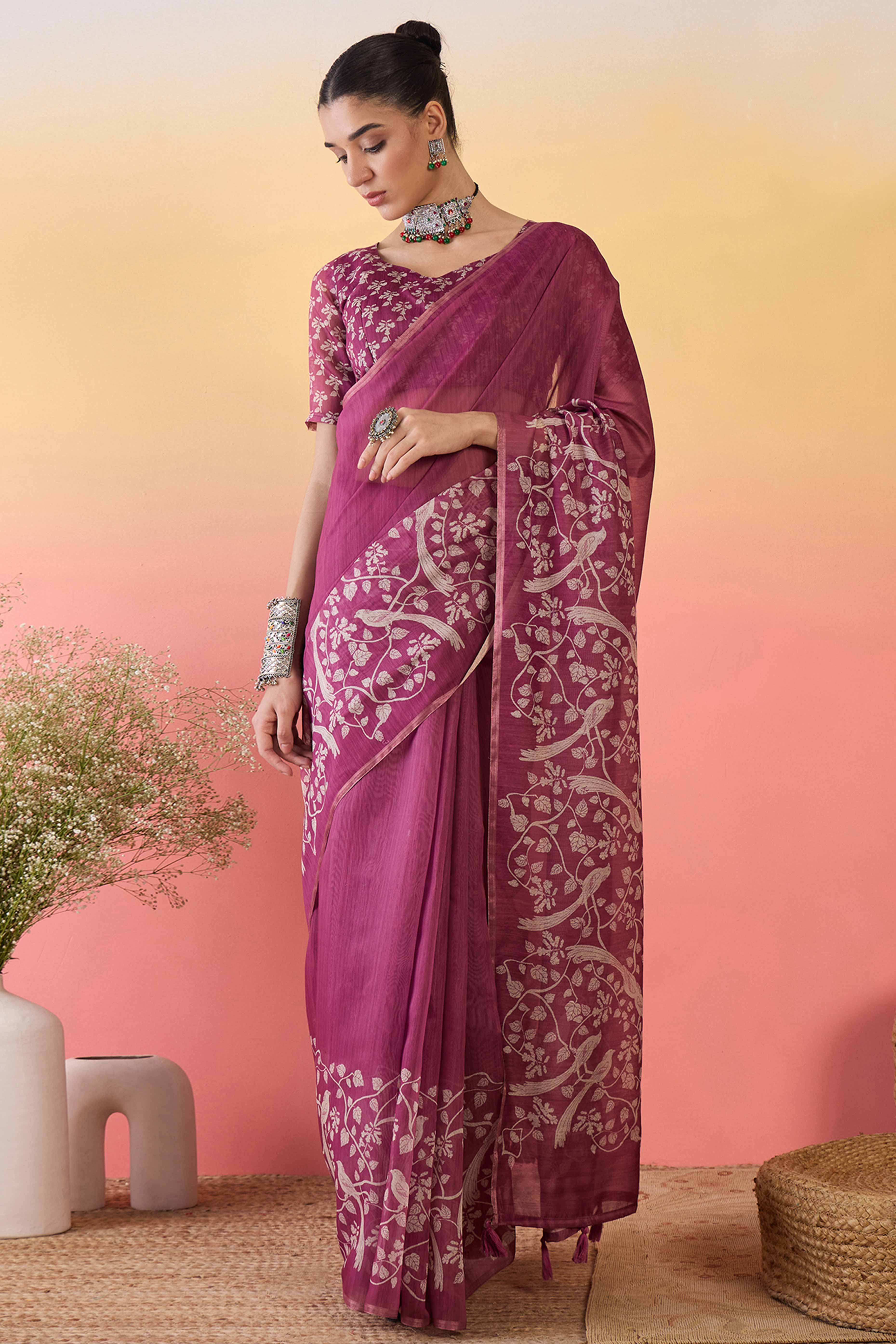 Magenta Linen Cotton Saree Featuring Elegant Floral & Bird Prints With Tassel Pallu