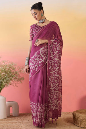 Magenta Linen Cotton Saree Featuring Elegant Floral & Bird Prints With Tassel Pallu