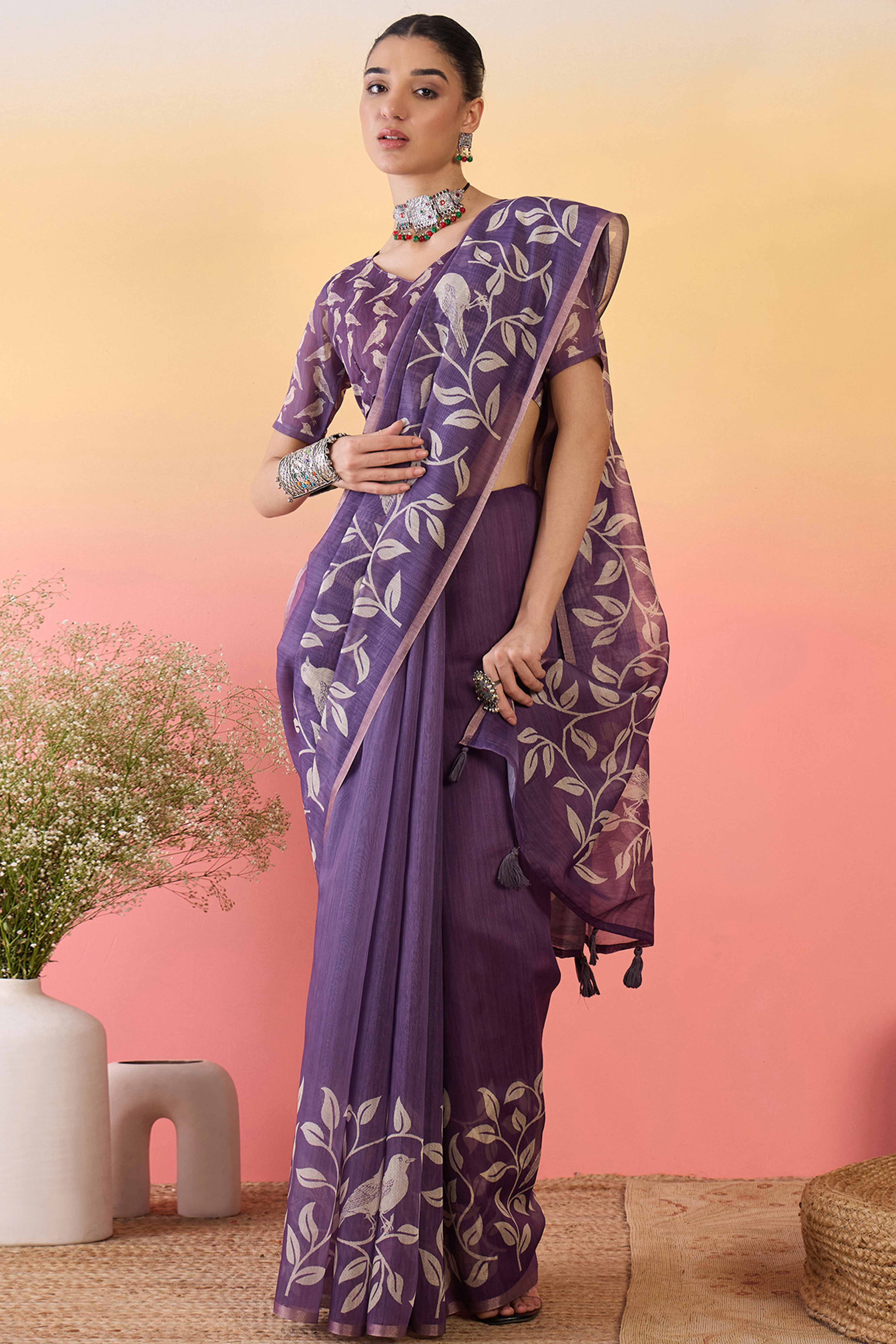 Purple Linen Cotton Saree Featuring Elegant Leaf & Bird Prints With Tassel Pallu