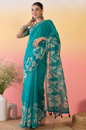 Turquoise Linen Cotton Saree Featuring Elegant Floral & Bird Prints With Tassel Pallu