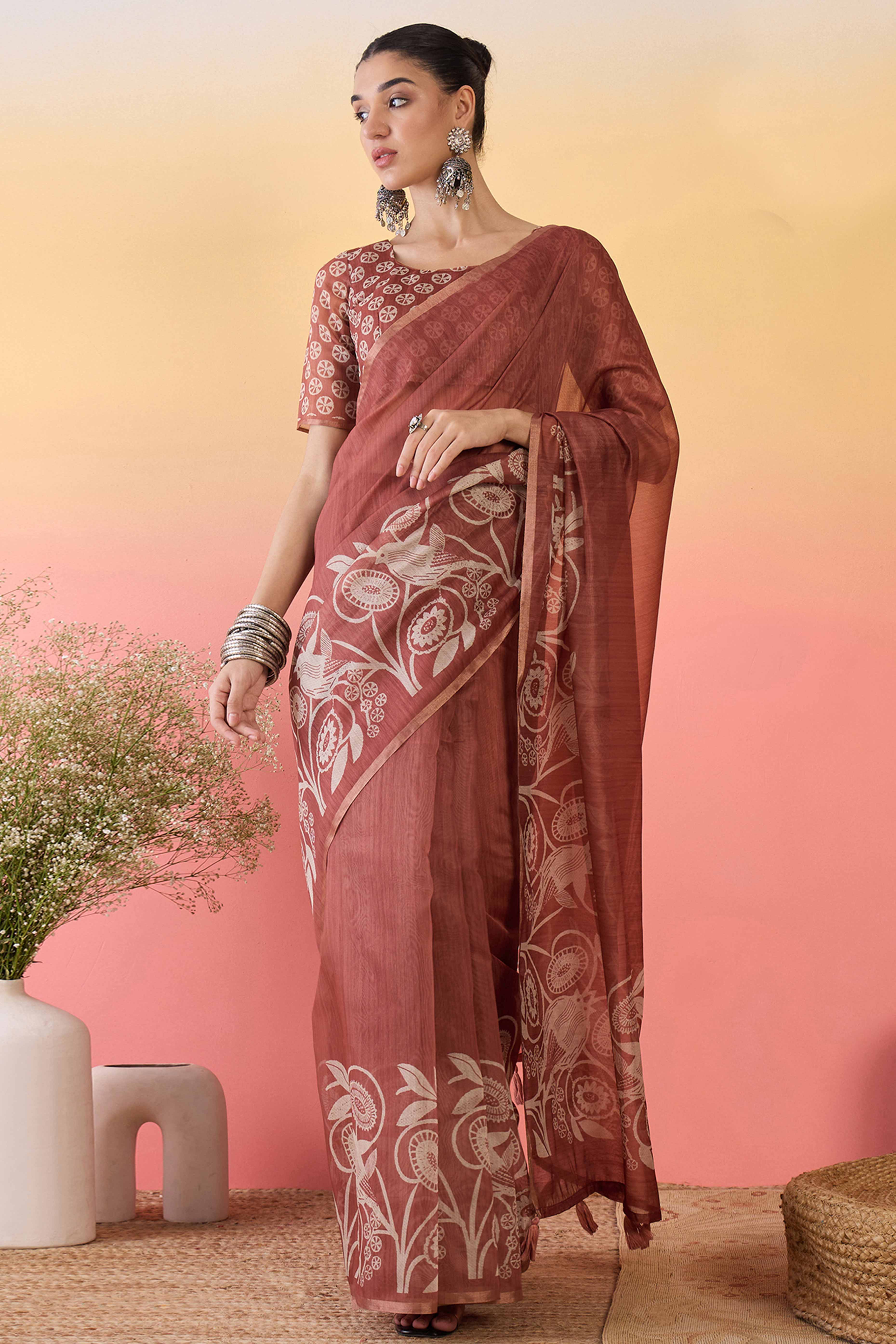 Rust Brown Linen Cotton Saree Featuring Elegant Floral & Bird Prints With Tassel Pallu
