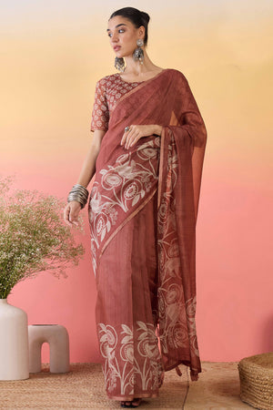 Rust Brown Linen Cotton Saree Featuring Elegant Floral & Bird Prints With Tassel Pallu