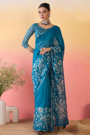 Blue Linen Cotton Saree Featuring Elegant Floral & Bird Prints With Tassel Pallu