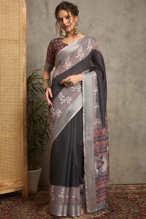 Black Pure Linen Saree with Intricate Zari Work