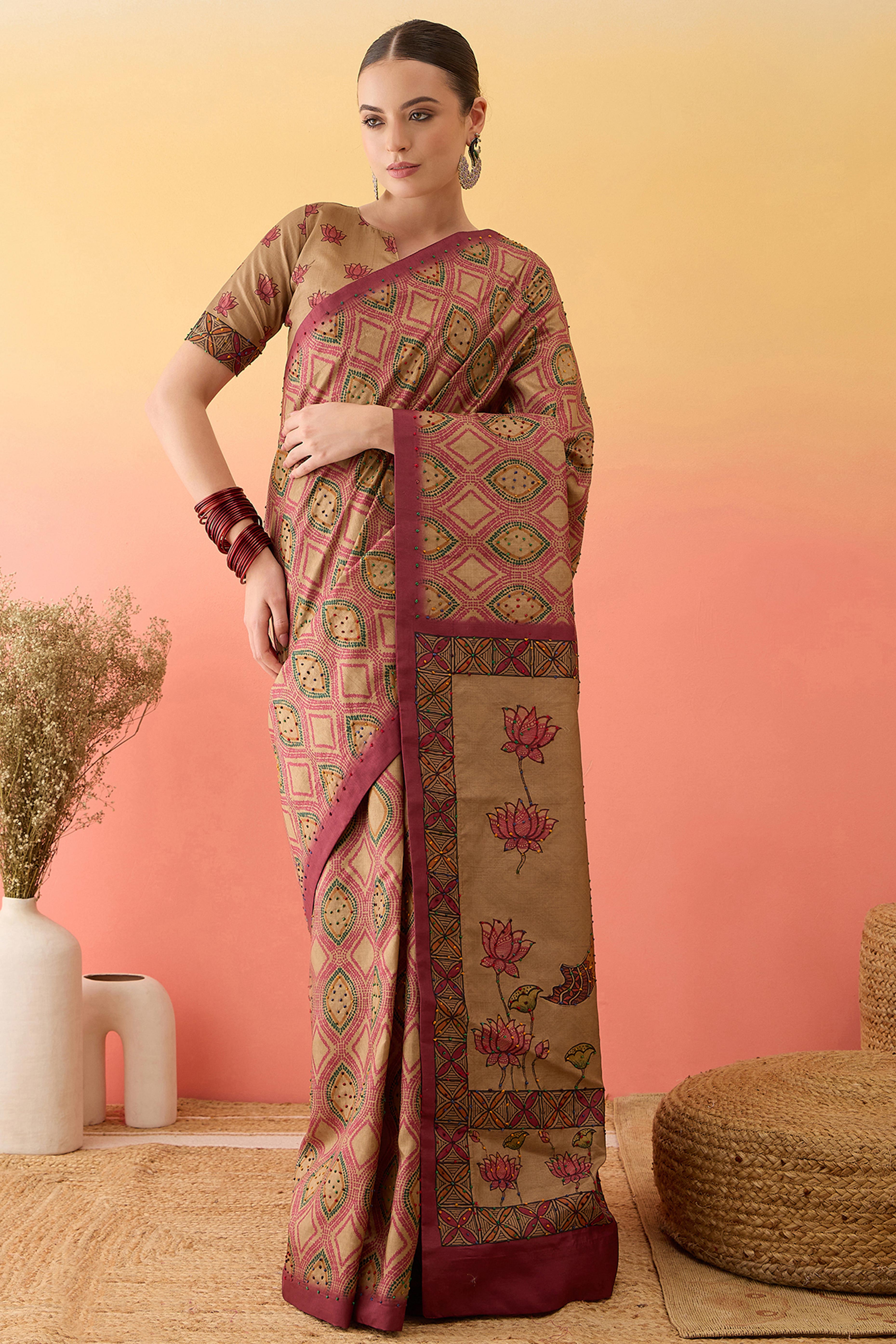 Beige Kalamkari Style Printed Cotton Silk Saree Knot Work Tassels Ethnic Wear