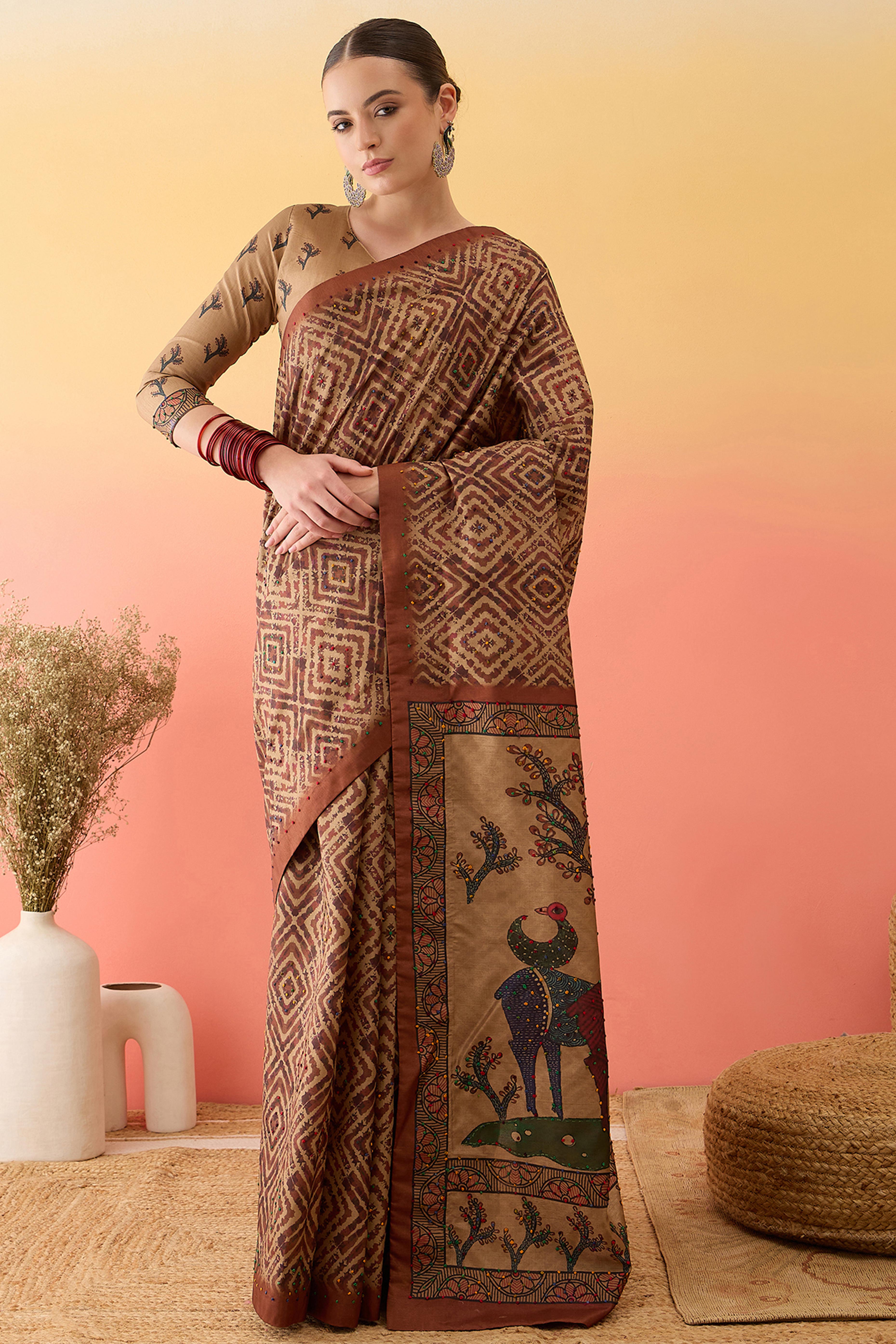 Beige Cotton Silk Saree Traditional Kalamkari Style Print Knot Work Ethnic Elegance