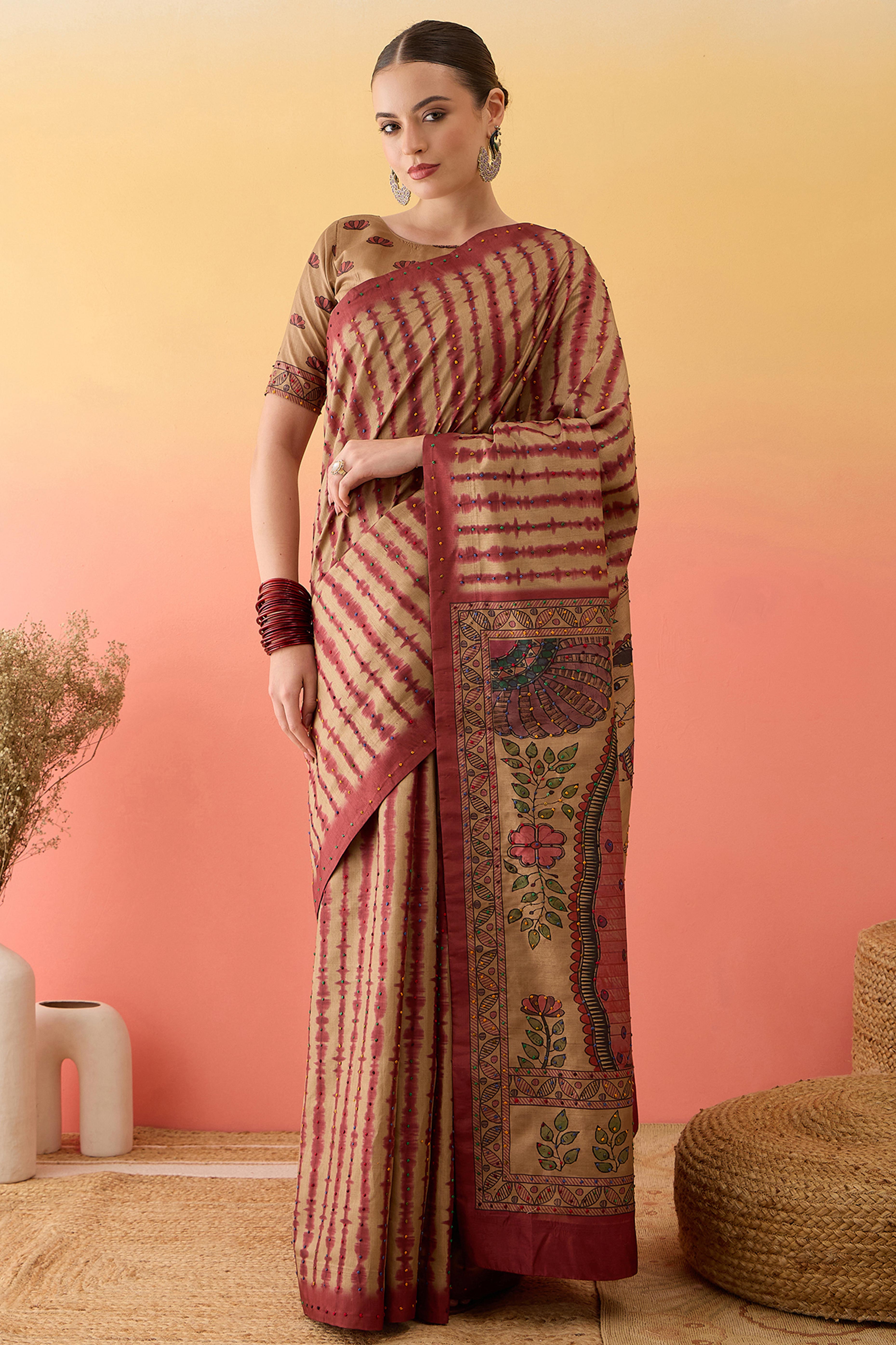 Beige Kalamkari Style Cotton Silk Saree Flowy Drape Knot Tassels Festive Wear