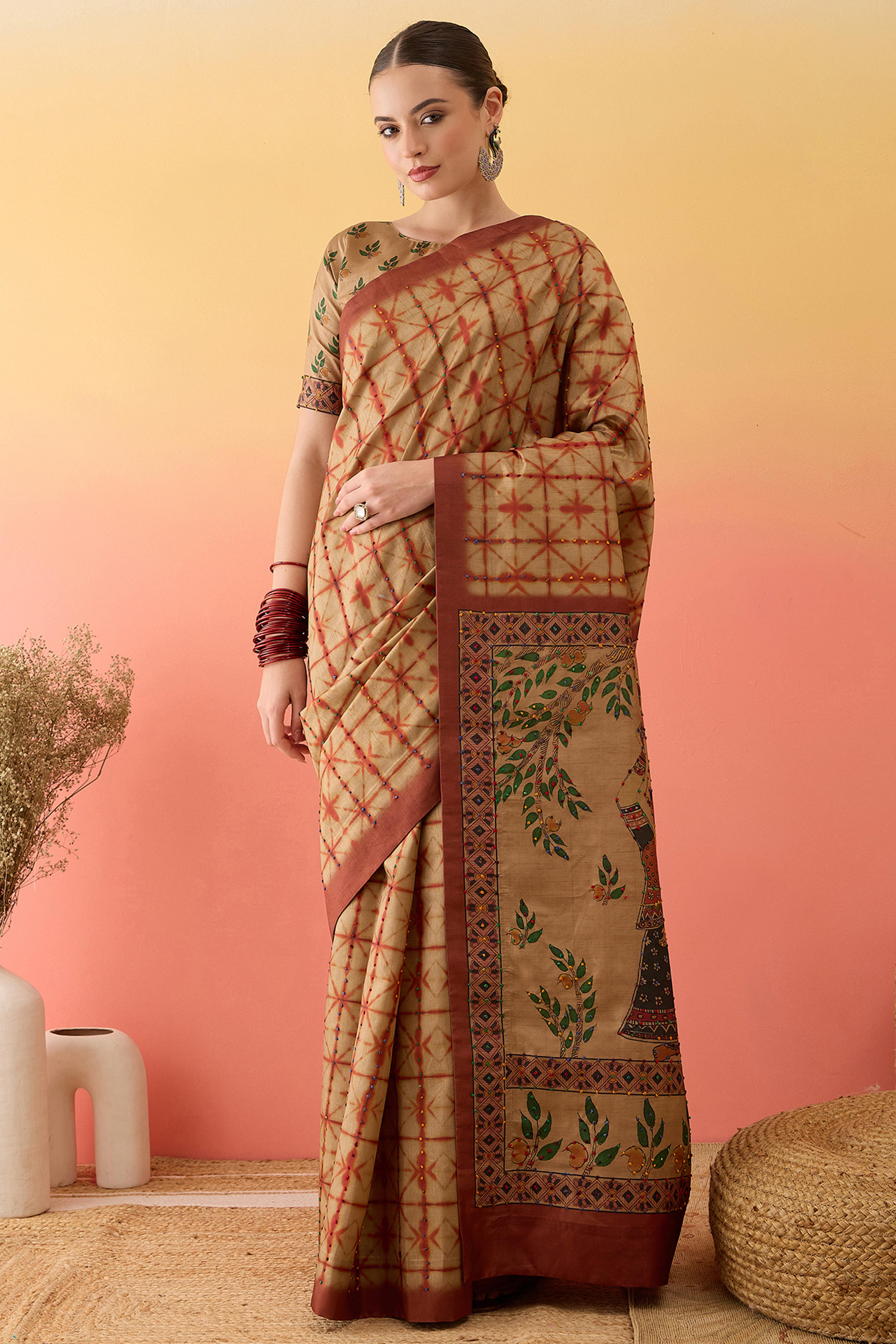 Beige Printed Kalamkari Cotton Silk Saree Flowy Drape Knot Detailing Traditional Grace