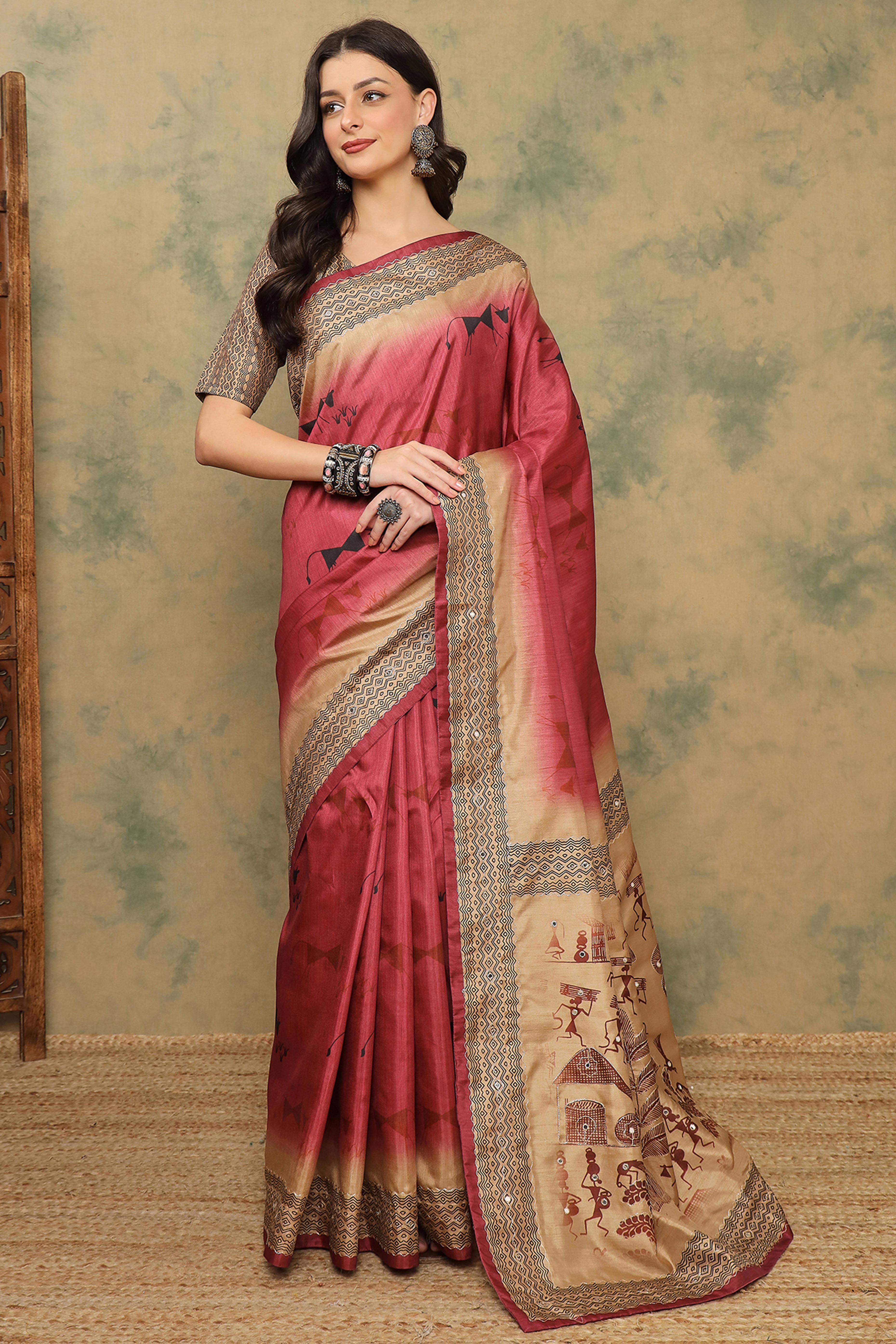 Red Warli Folk Art Printed Cotton Silk Saree Flowy Drape Festive Wear