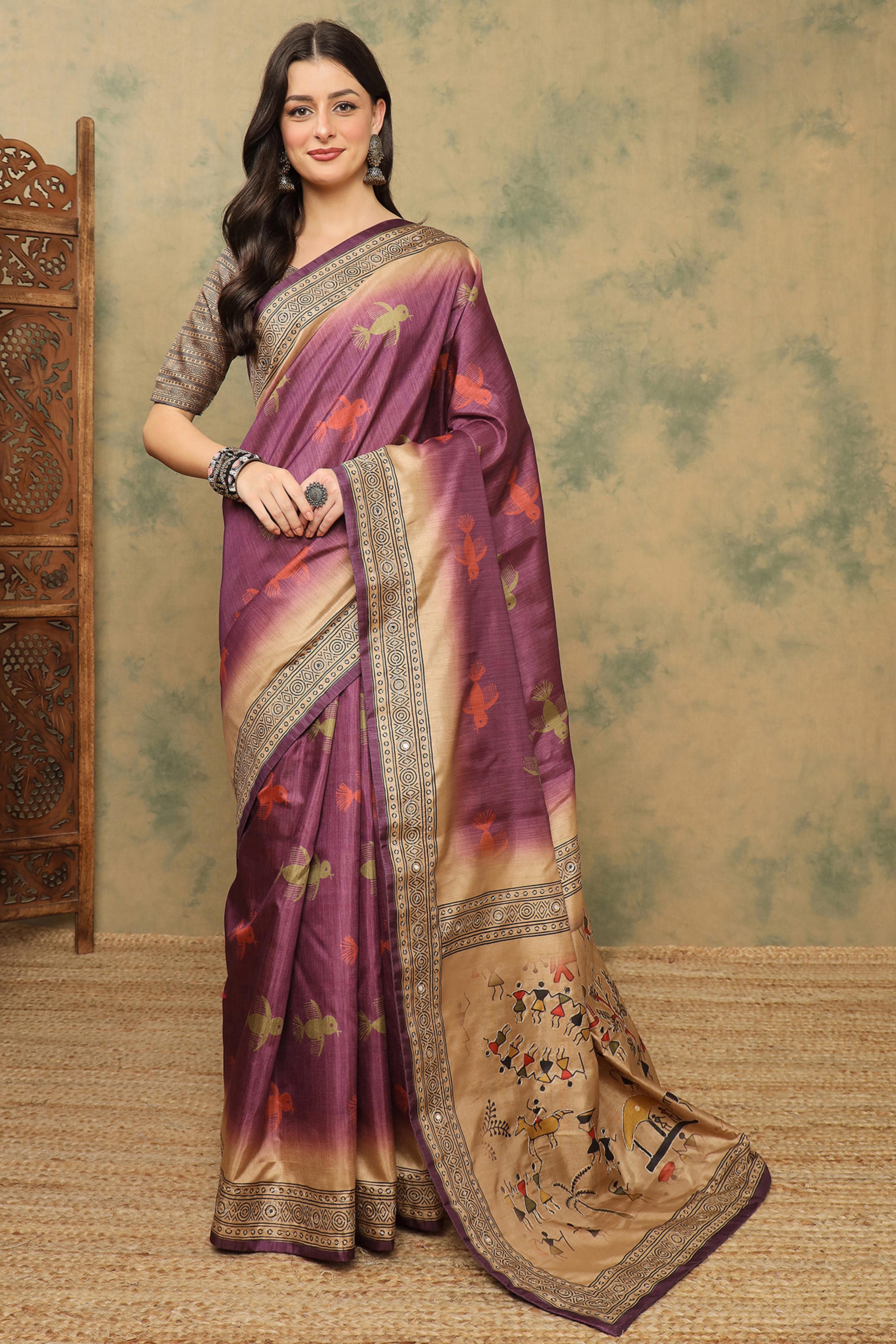 Wine Warli Folk Art Printed Cotton Silk Saree Flowy Drape Festive Wear
