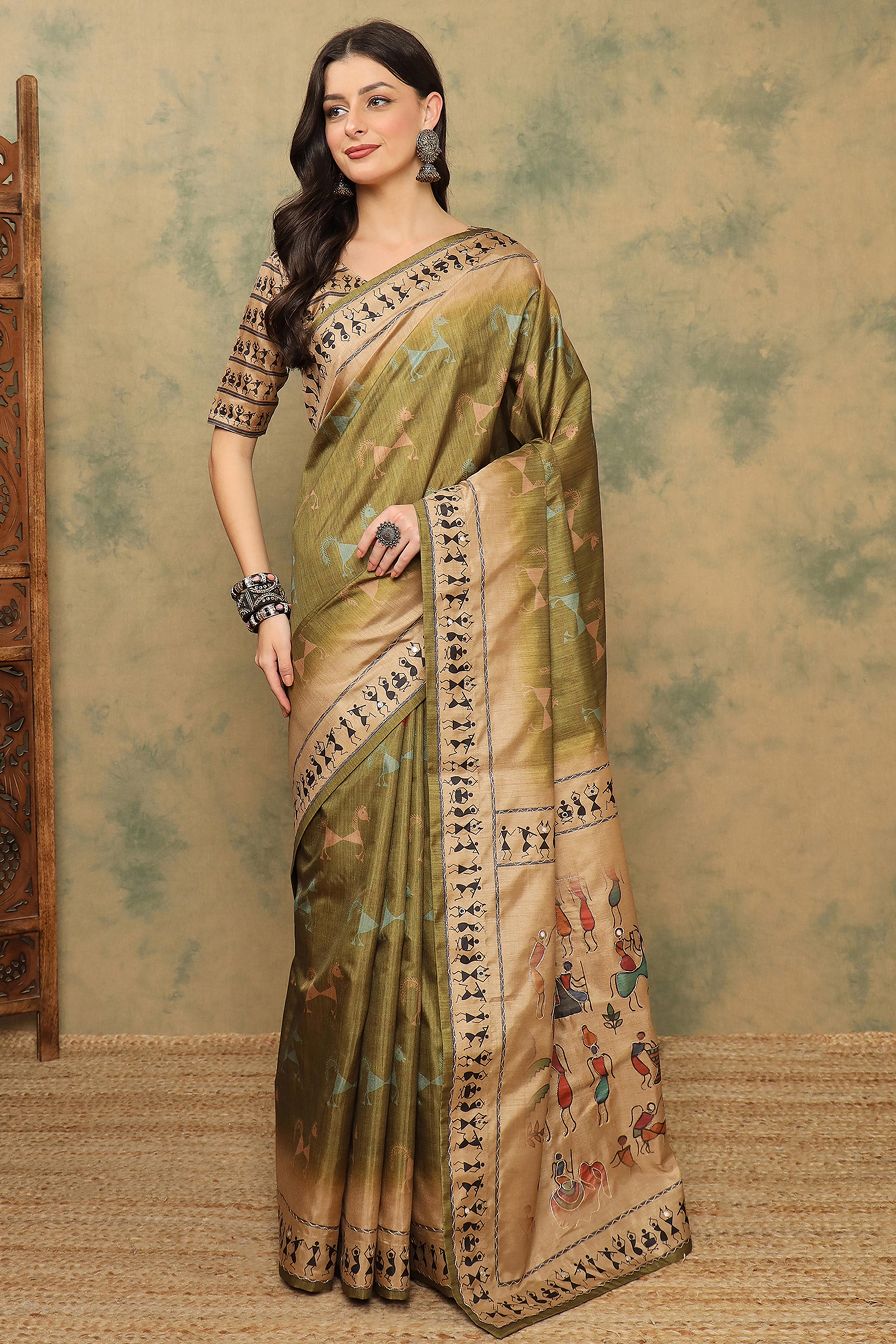 Green Traditional Warli Motifs Cotton Silk Saree Lightweight Ethnic Elegance