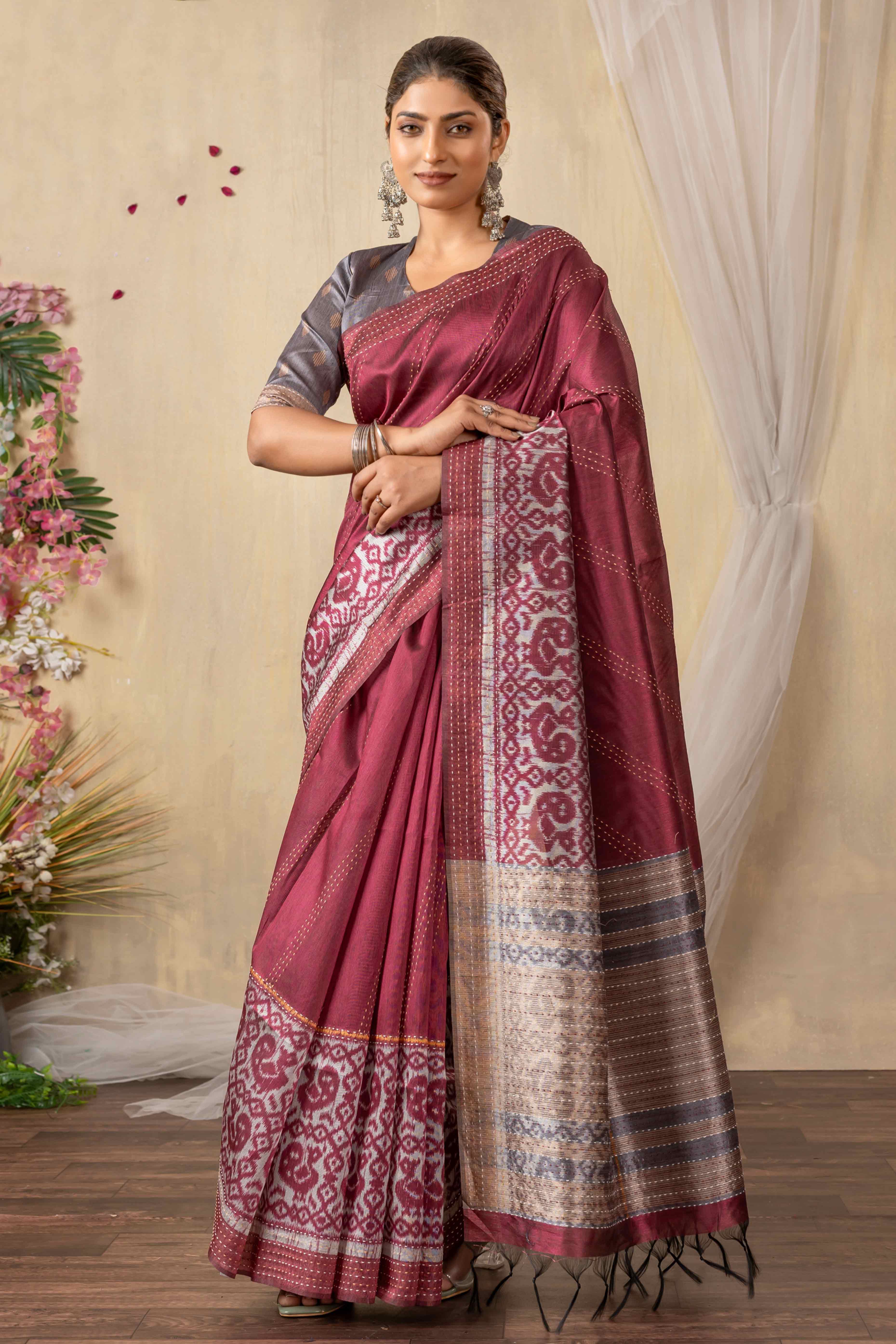 Traditional Ikkat Print Burgundy Silk Blend Saree
