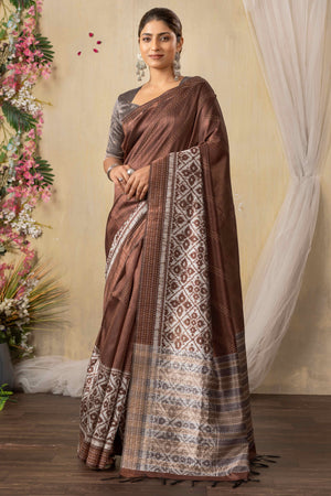 Traditional Ikkat Print Brown Silk Blend Saree