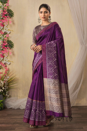 Traditional Ikkat Print Purple Silk Blend Saree