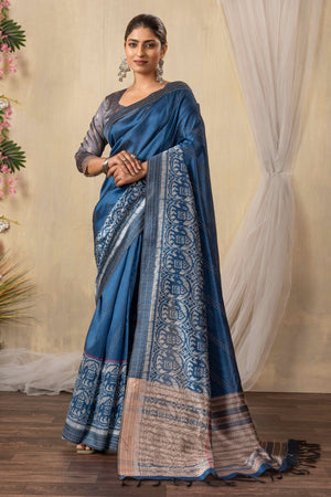 Traditional Ikkat Print Teal Silk Blend Saree