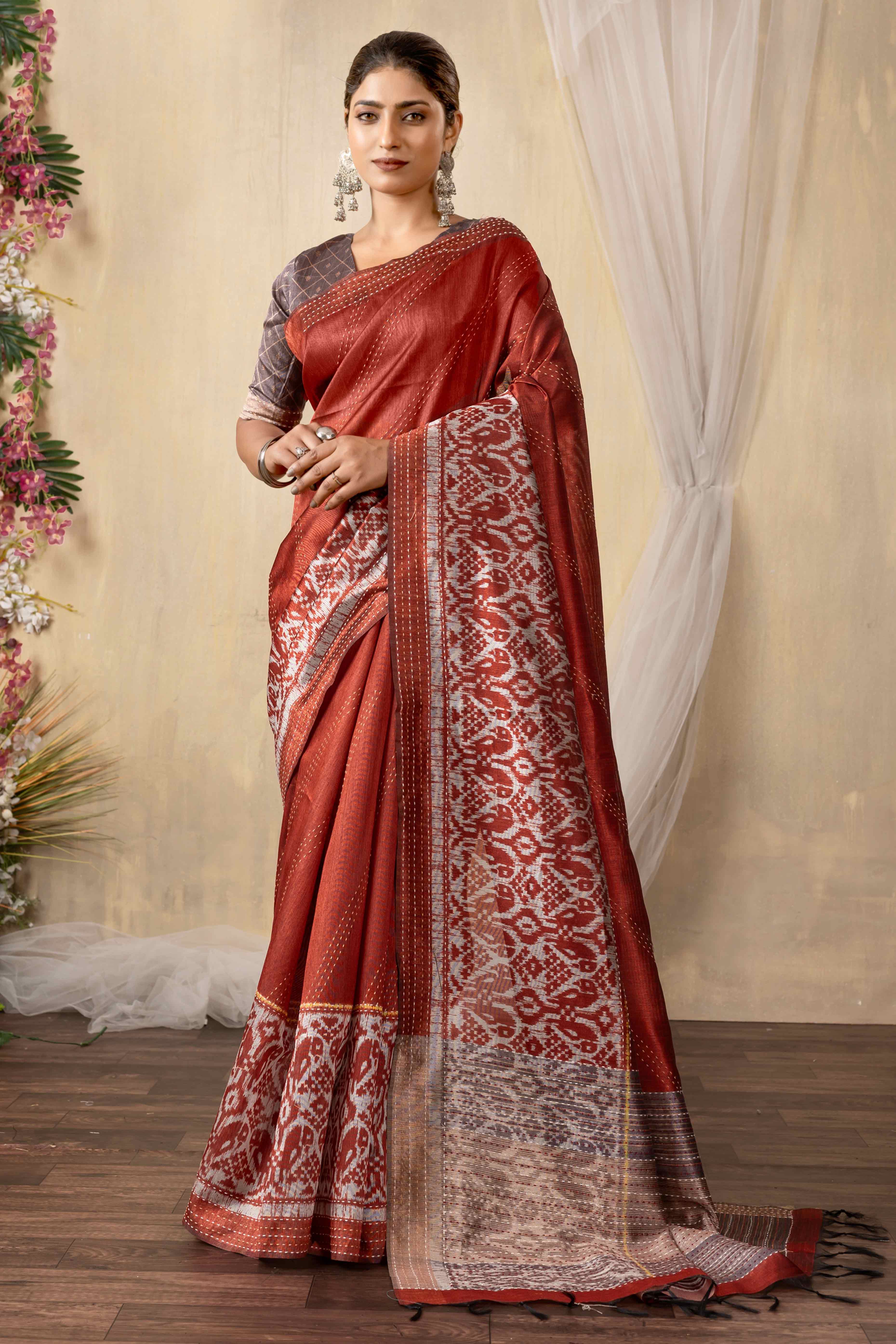 Traditional Ikkat Print Rust Silk Blend Saree