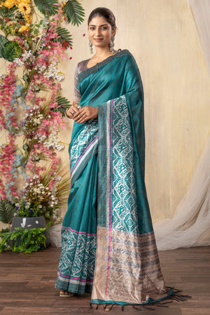 Traditional Ikkat Print Blue Silk Blend Saree