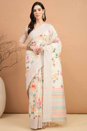 Offwhite Silk Blend Saree With Floral Prints & Delicate Tassels Border