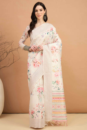 Offwhite Silk Blend Saree With Floral Prints & Delicate Tassels Border