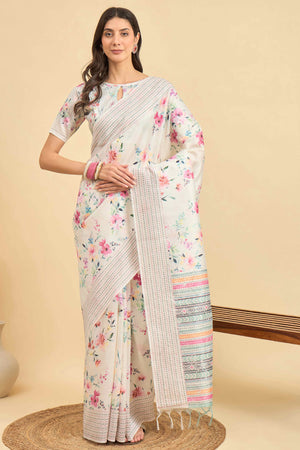 Offwhite Silk Blend Saree With Floral Prints & Delicate Tassels Border