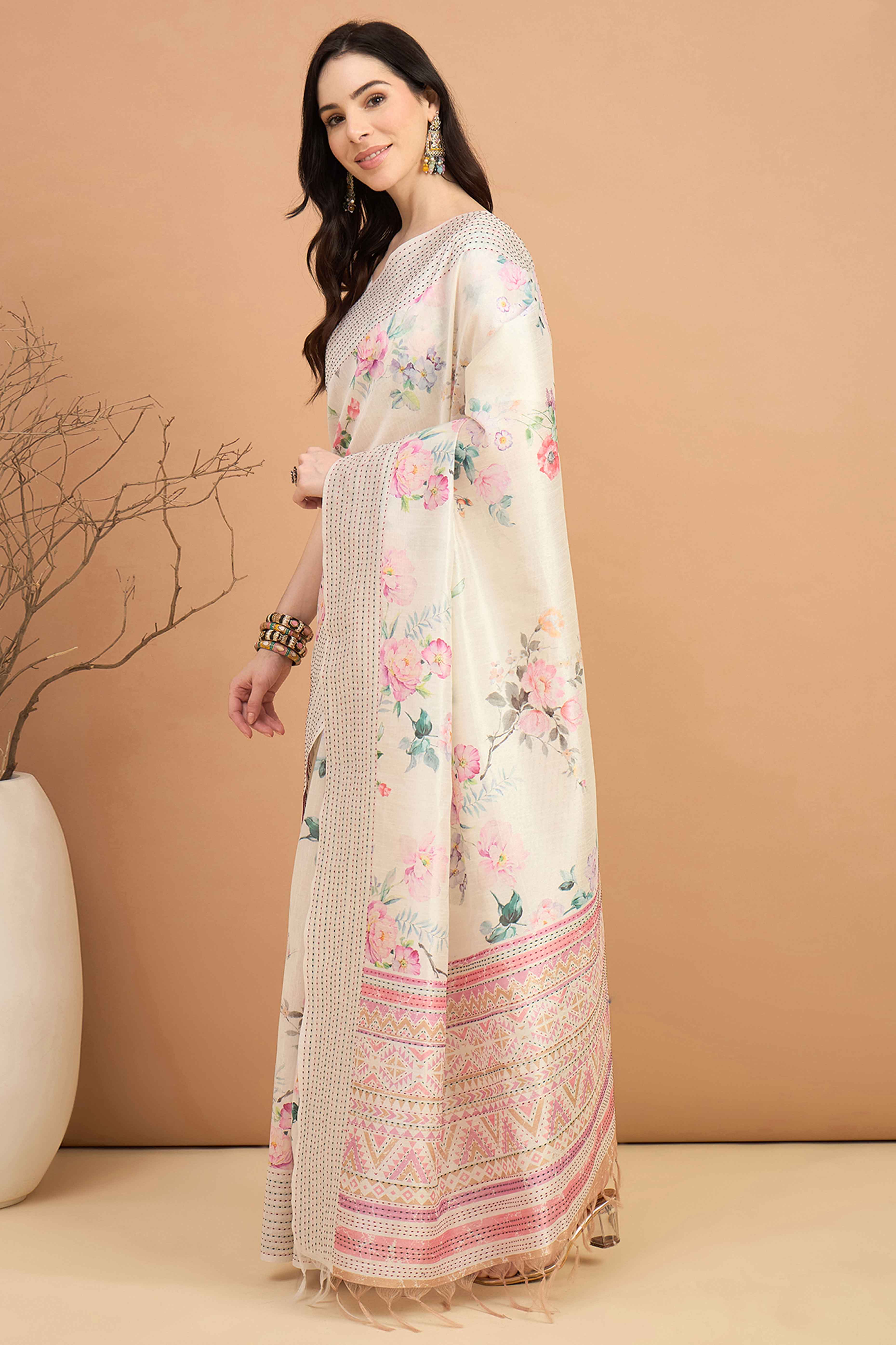 Offwhite Silk Blend Saree With Floral Prints & Delicate Tassels Border
