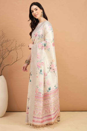 Offwhite Silk Blend Saree With Floral Prints & Delicate Tassels Border