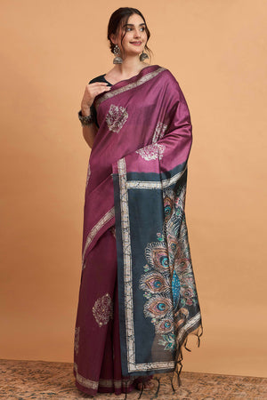 Handcrafted Magenta Floral Block Print Saree in Cotton Silk with Decorative Mirror Embroidery