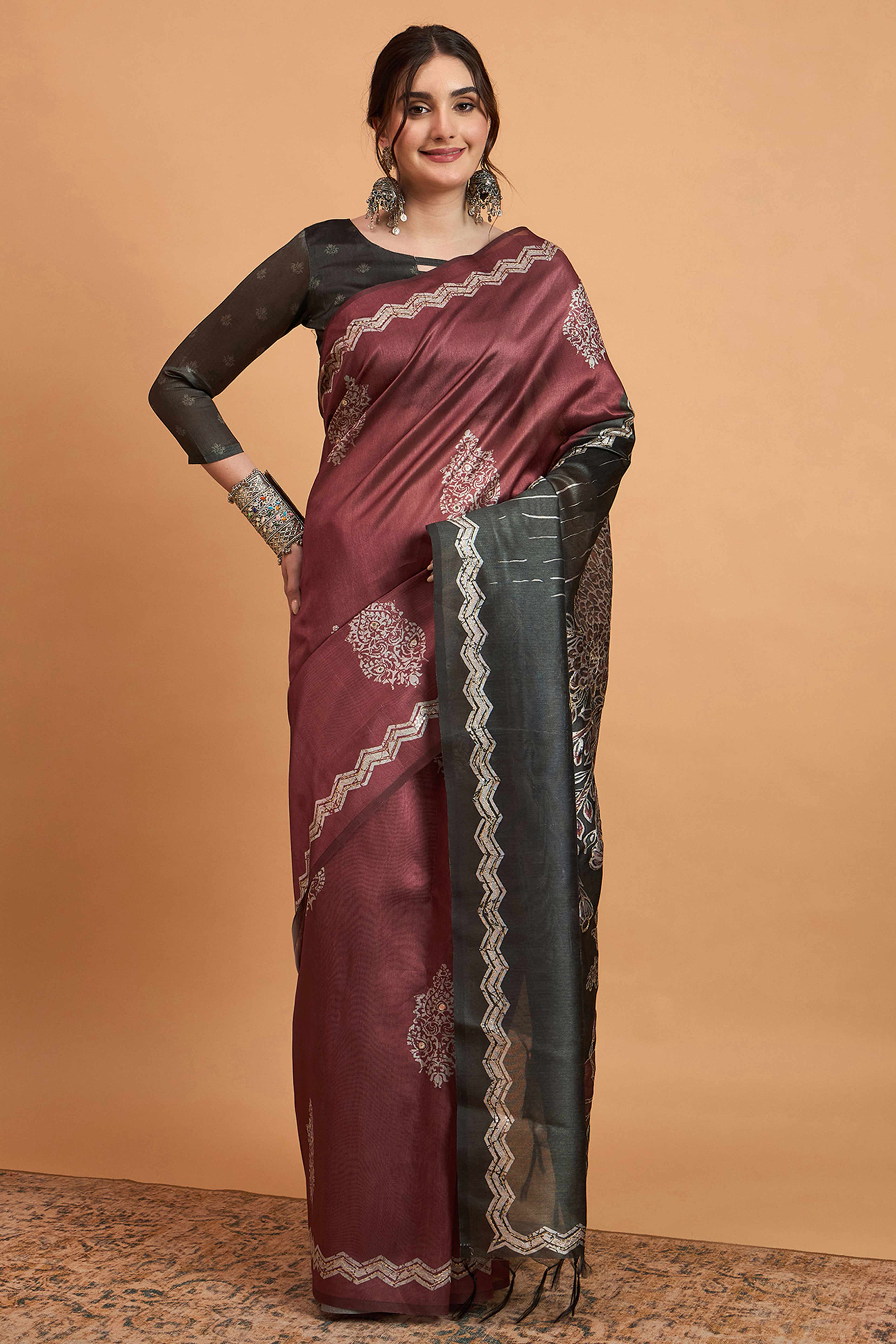 Handcrafted Wine Floral Block Print Saree in Cotton Silk with Decorative Mirror Embroidery