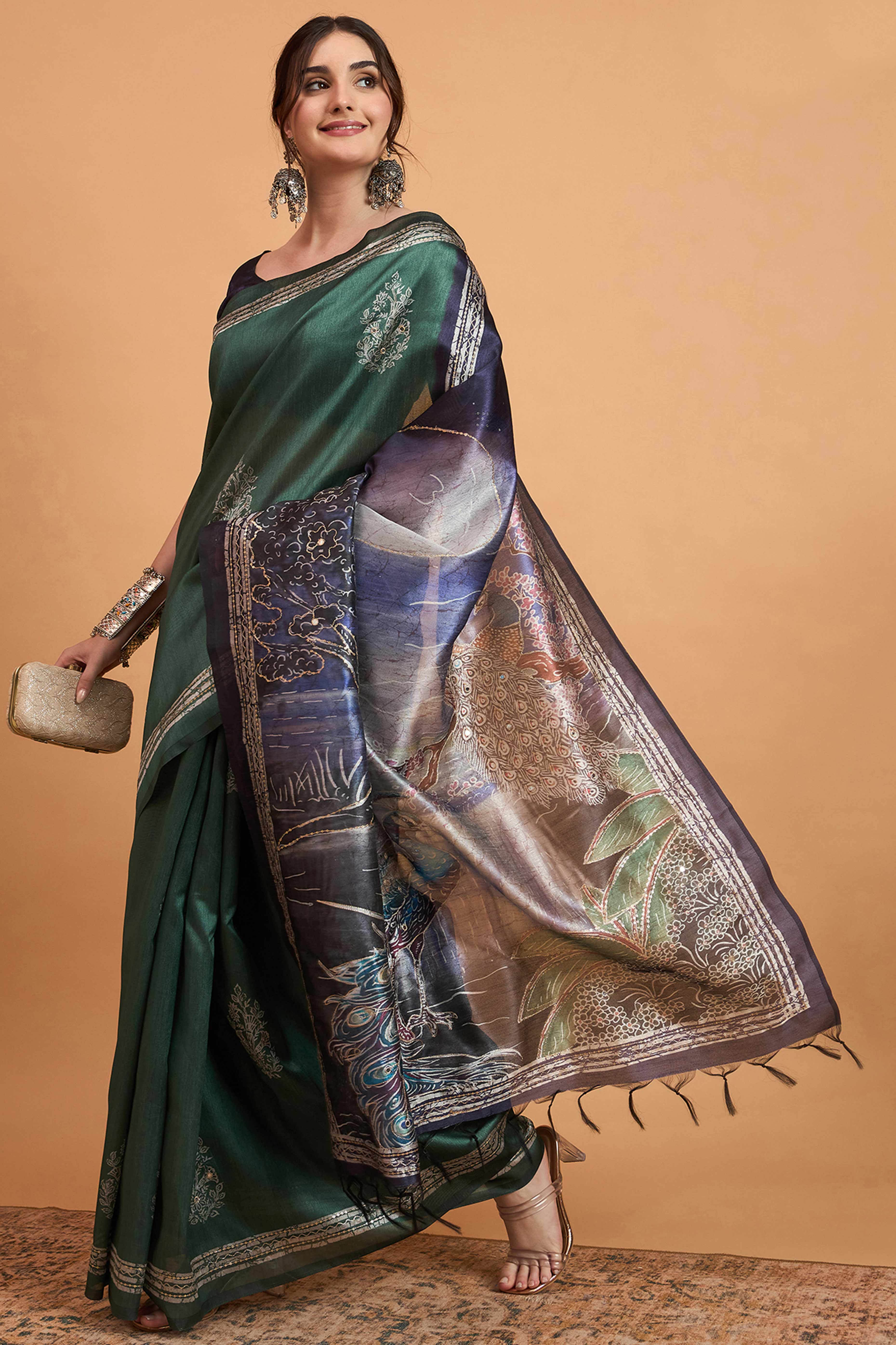 Handcrafted Green Floral Block Print Saree in Cotton Silk with Decorative Mirror Embroidery