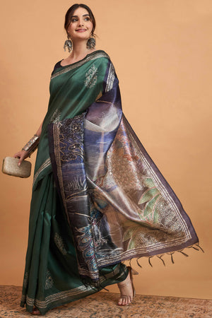 Handcrafted Green Floral Block Print Saree in Cotton Silk with Decorative Mirror Embroidery
