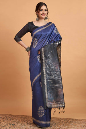Handcrafted Navy Blue Floral Block Print Saree in Cotton Silk with Decorative Mirror Embroidery